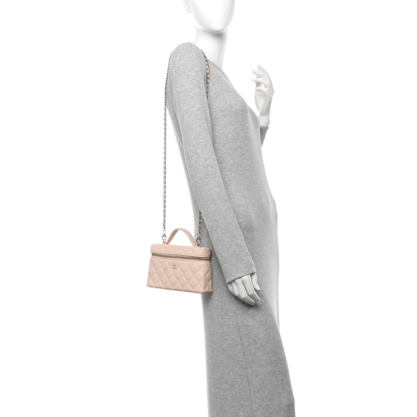 Caviar Quilted Top Handle Slim Vanity With Chain Beige