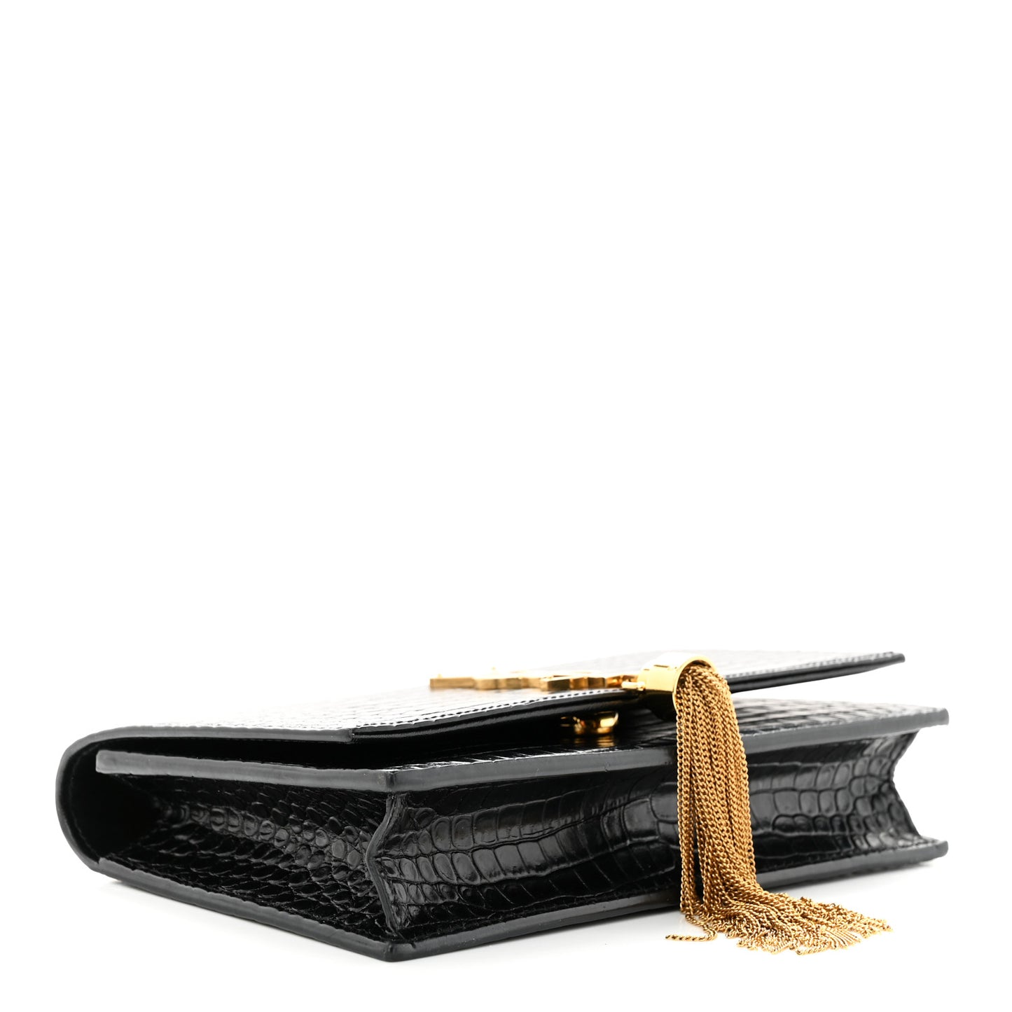 SAINT LAURENT Calfskin Crocodile Embossed Kate Monogram Tassel Chain Wallet Black