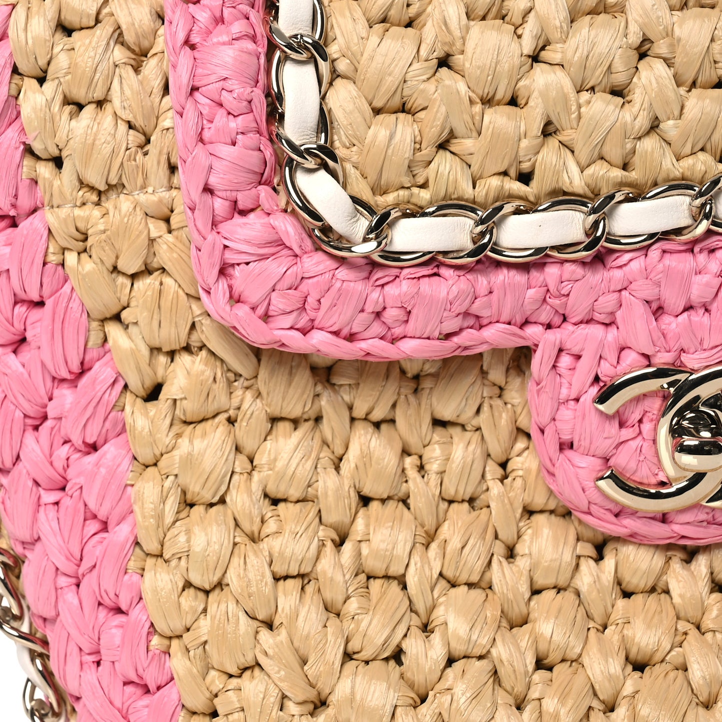 Raffia Chain Venice Beach Basket Flap Bag Beige Pink