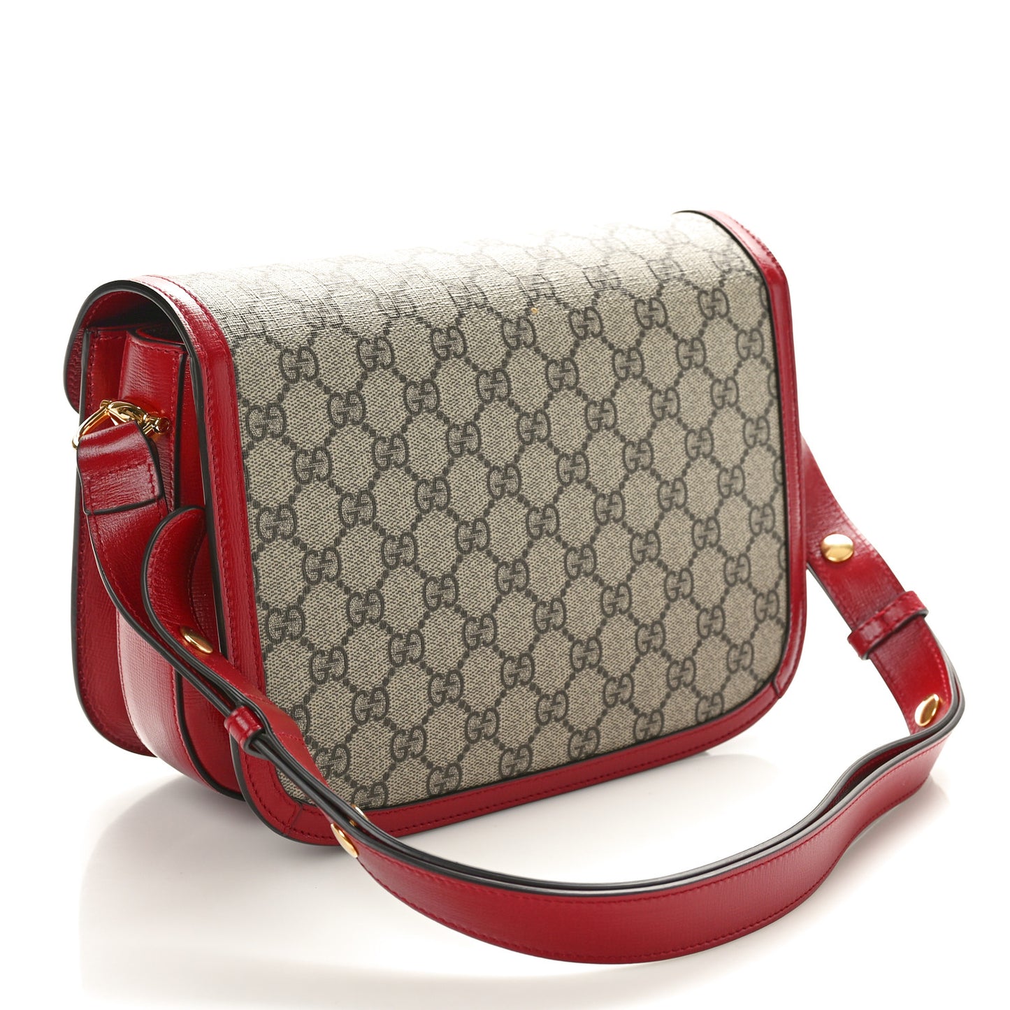 GG Supreme Monogram Azalea Calfskin Horsebit 1955 Shoulder Bag Beige Ebony New Cherry Red