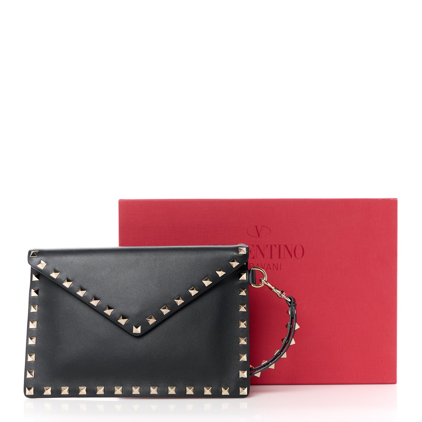 Vitello Medium Rockstud Envelope Flat Wristlet Pouch Black