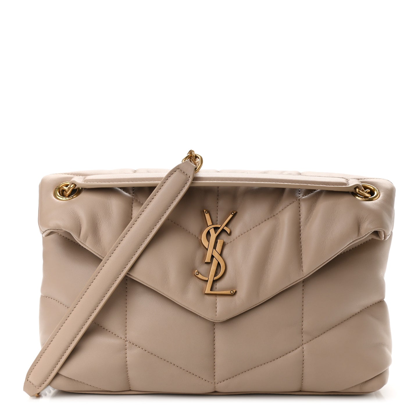 Lambskin Quilted Small Loulou Puffer Monogram Chain Satchel Dark Beige
