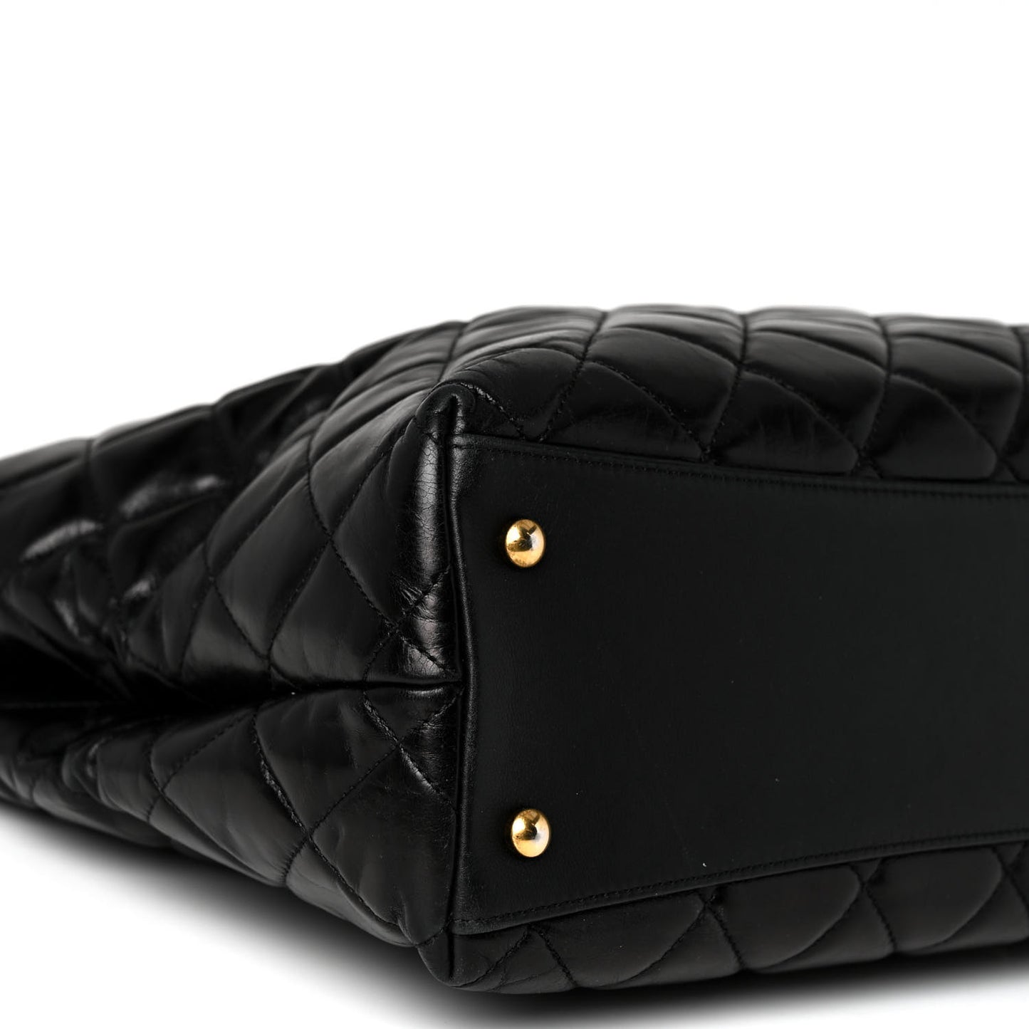 Glazed Calfskin Quilted Gold Bar Tote Black