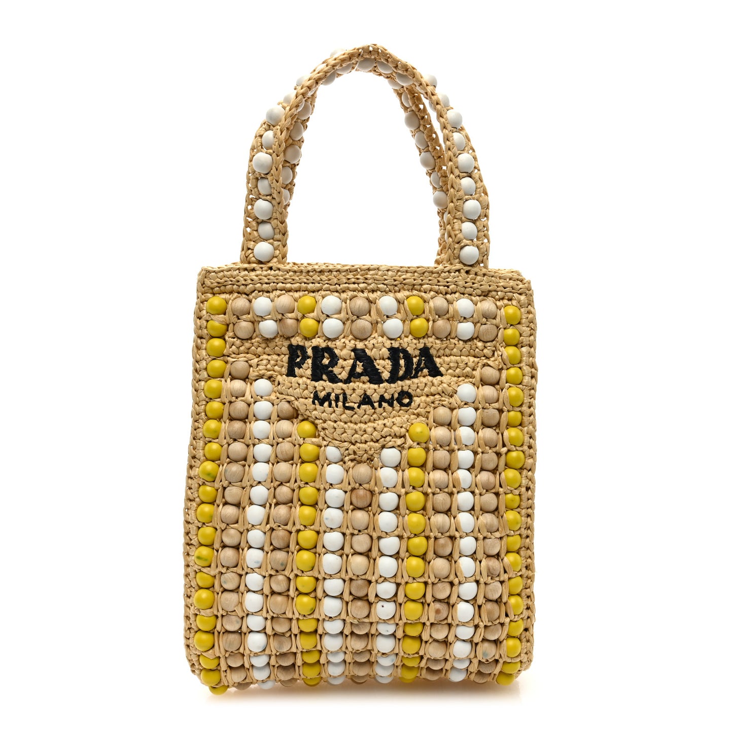 Raffia Wood Bead Embroidered Logo Tote Bag Naturale