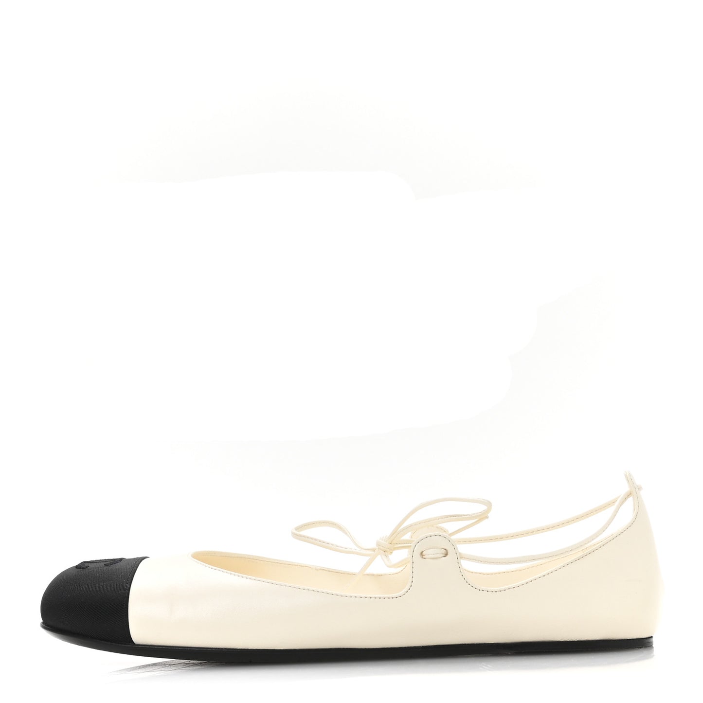 Lambskin Grosgrain Mary Jane Flats 39.5 Ivory Black