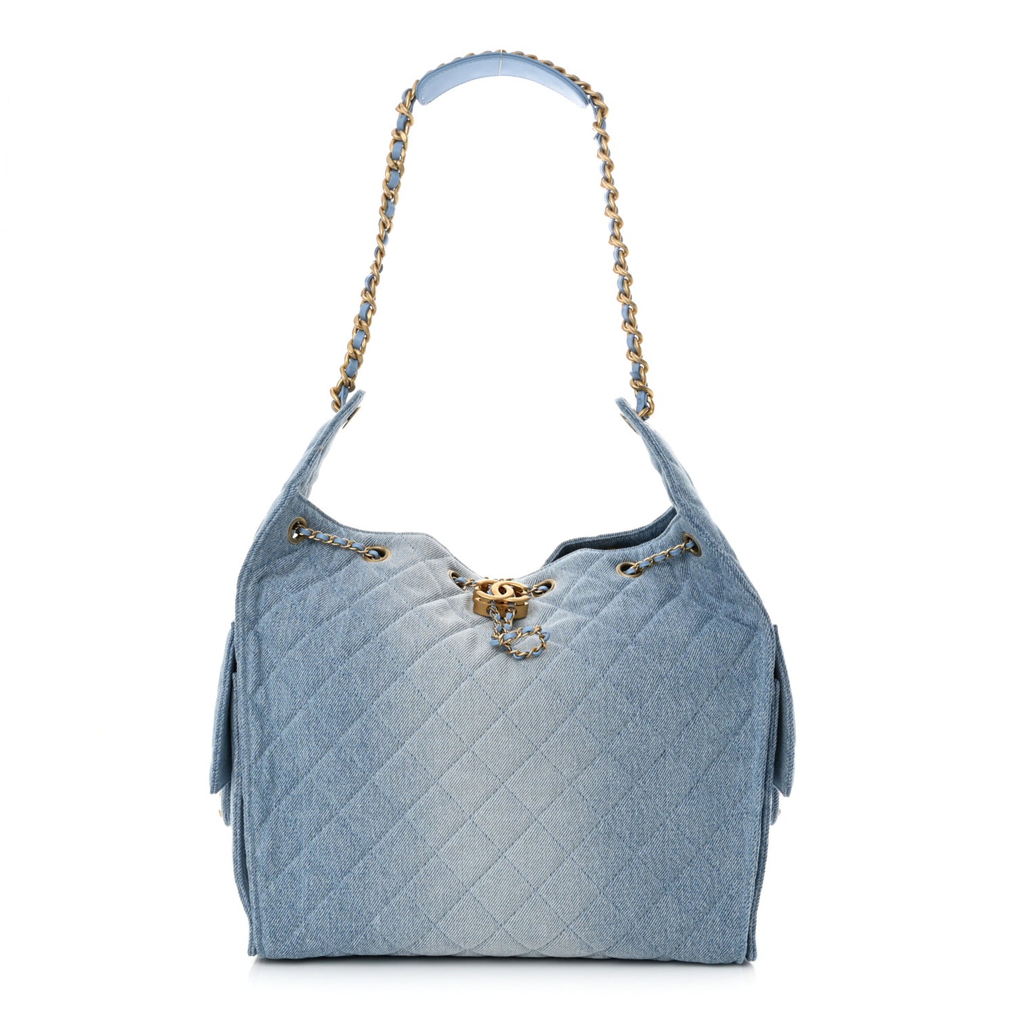 Washed Denim Quilted Medium Chanel 25 Handbag Blue
