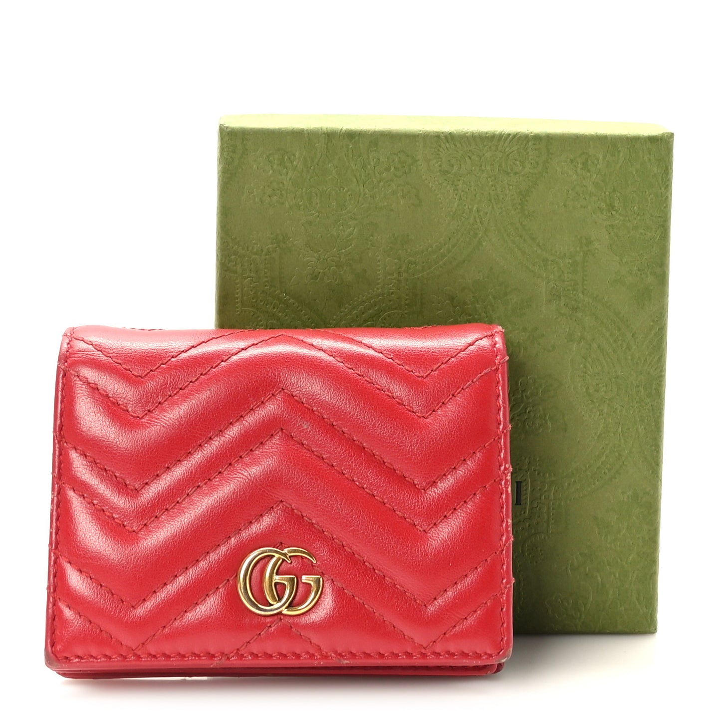Calfskin Matelasse GG Marmont Card Case Wallet Hibiscus Red