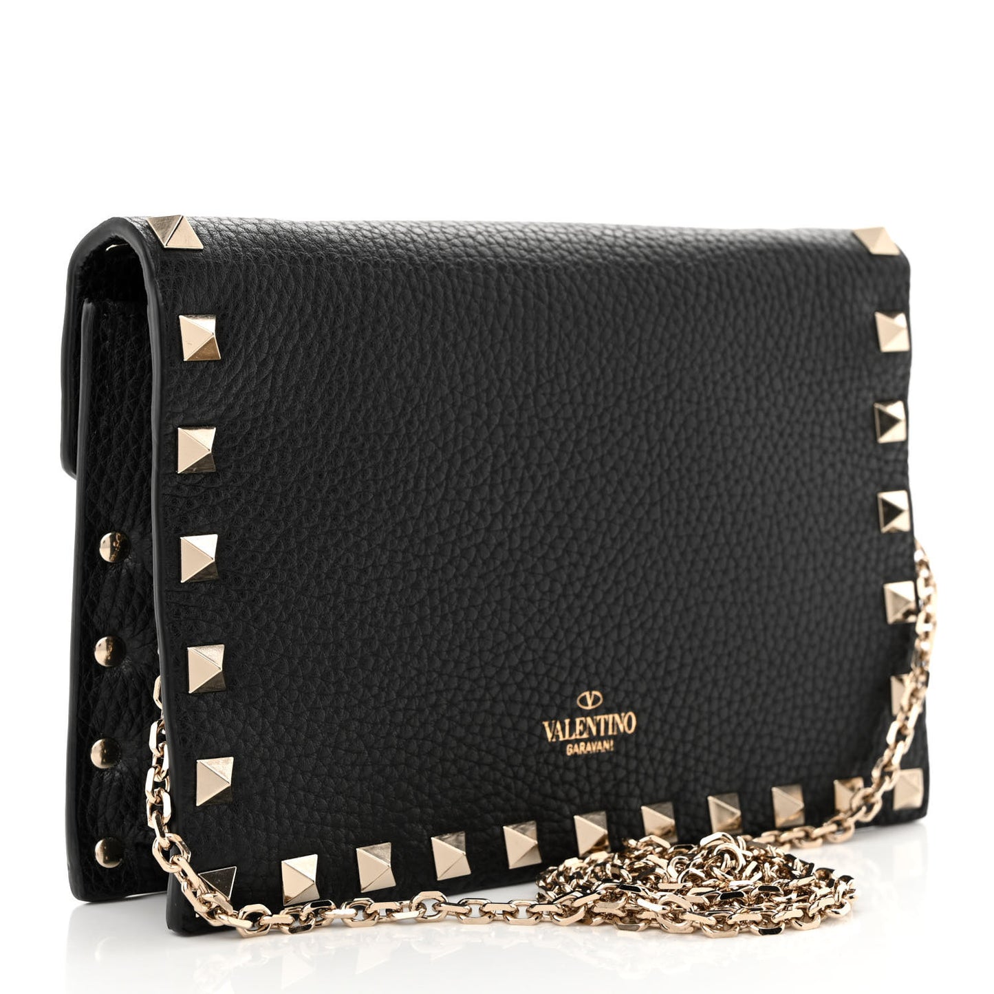 Pebbled Calfskin Rockstud Envelope Wallet on Chain Black