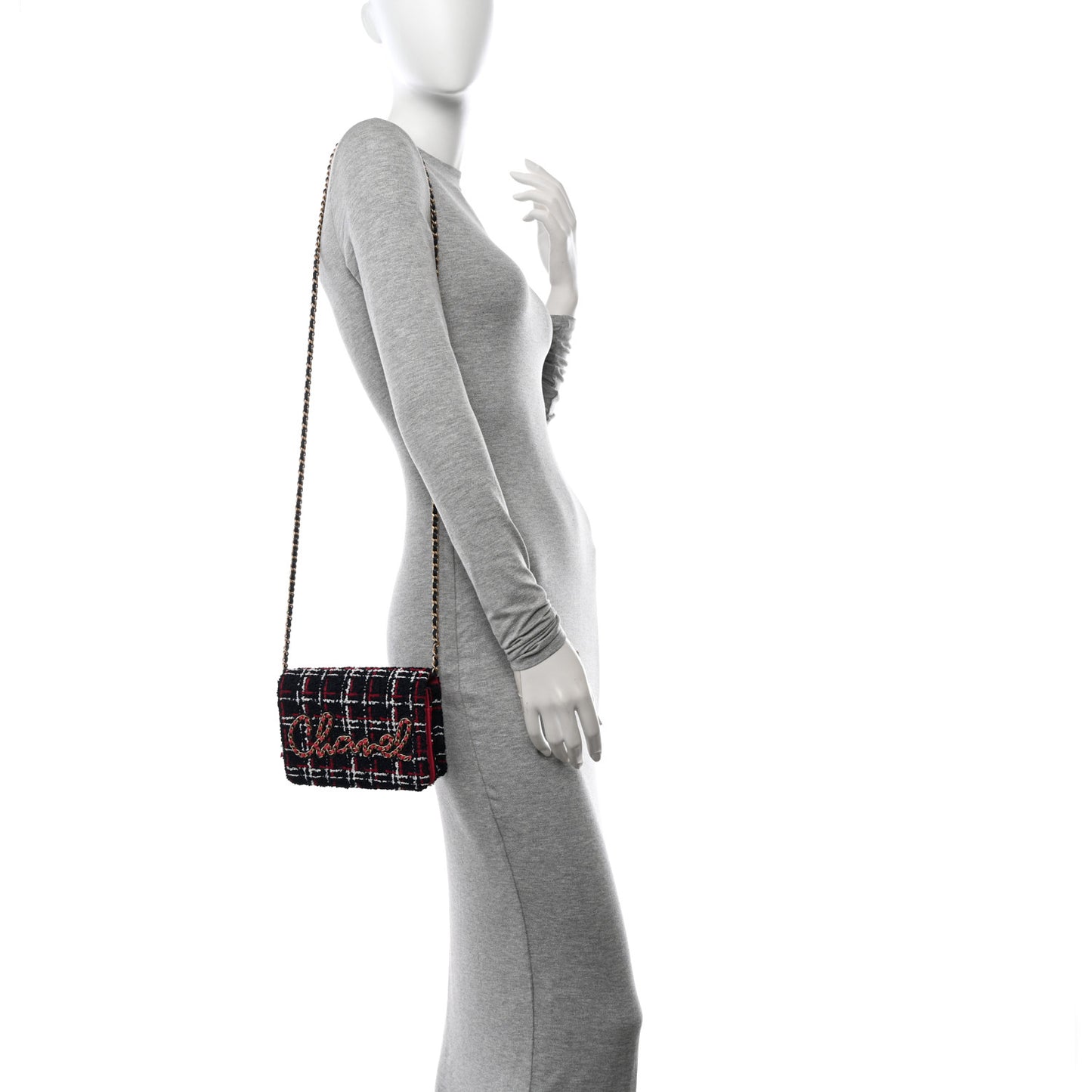 Tweed Calfskin Signe Wallet On Chain WOC Navy Multicolor