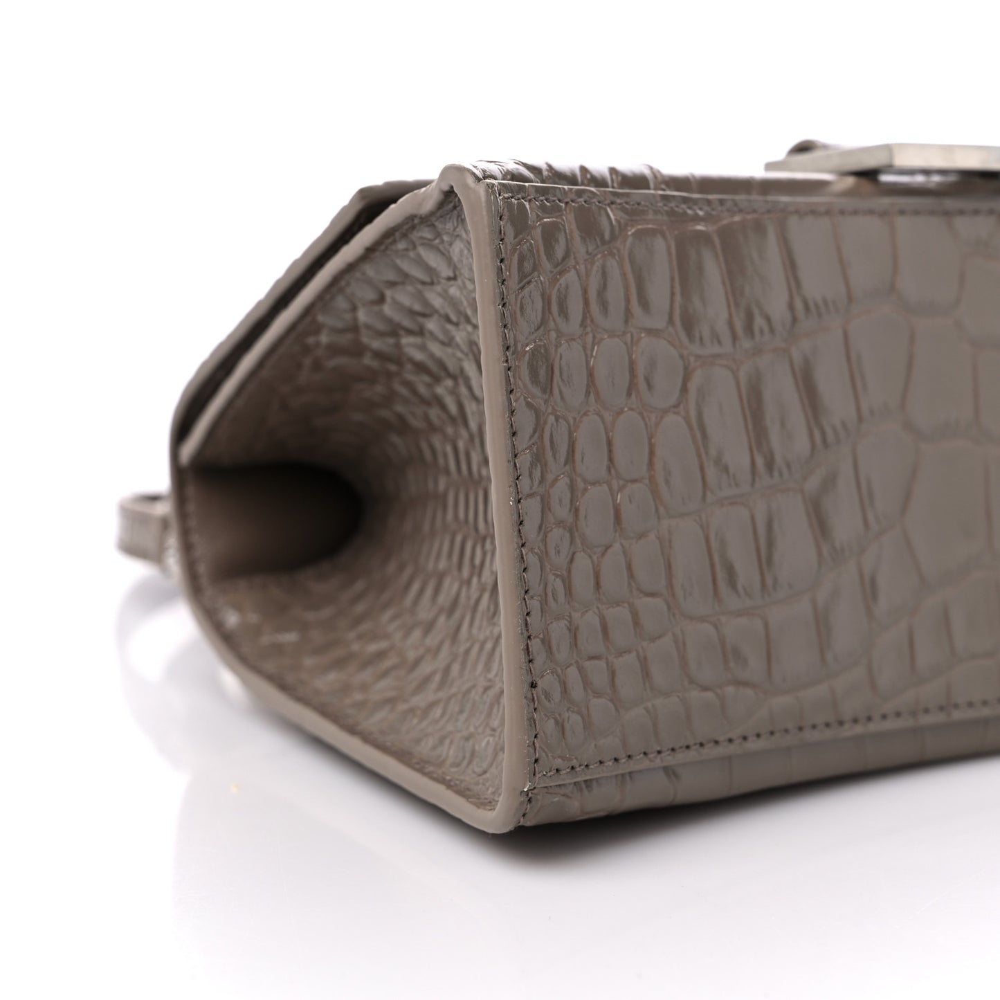 Shiny Calfskin Crocodile Embossed Small Hourglass Top Handle Bag Mink Grey