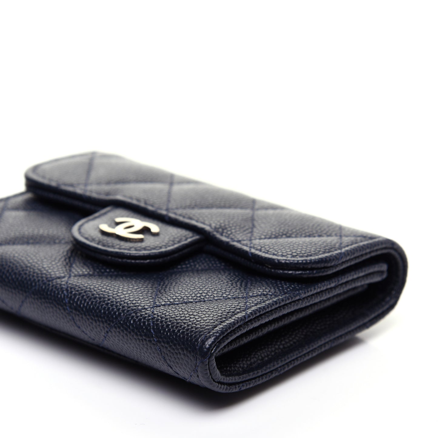 Caviar Quilted Flap Card Holder Wallet Navy Blue