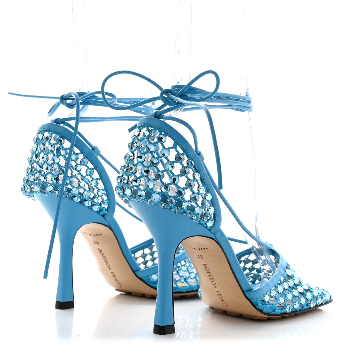 Mesh Nappa Crystal Embellished Sparkle Stretch Ankle Tie 90mm Sandals 37 Pool