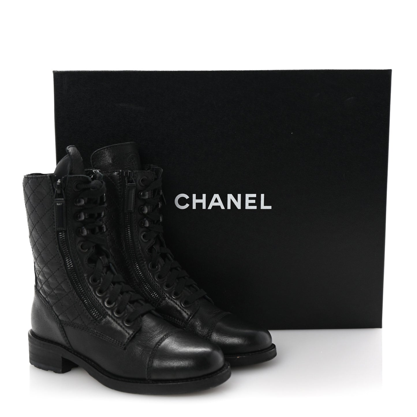 Sheepskin Quilted CC Tall Lace Up Combat Boots 35 Black