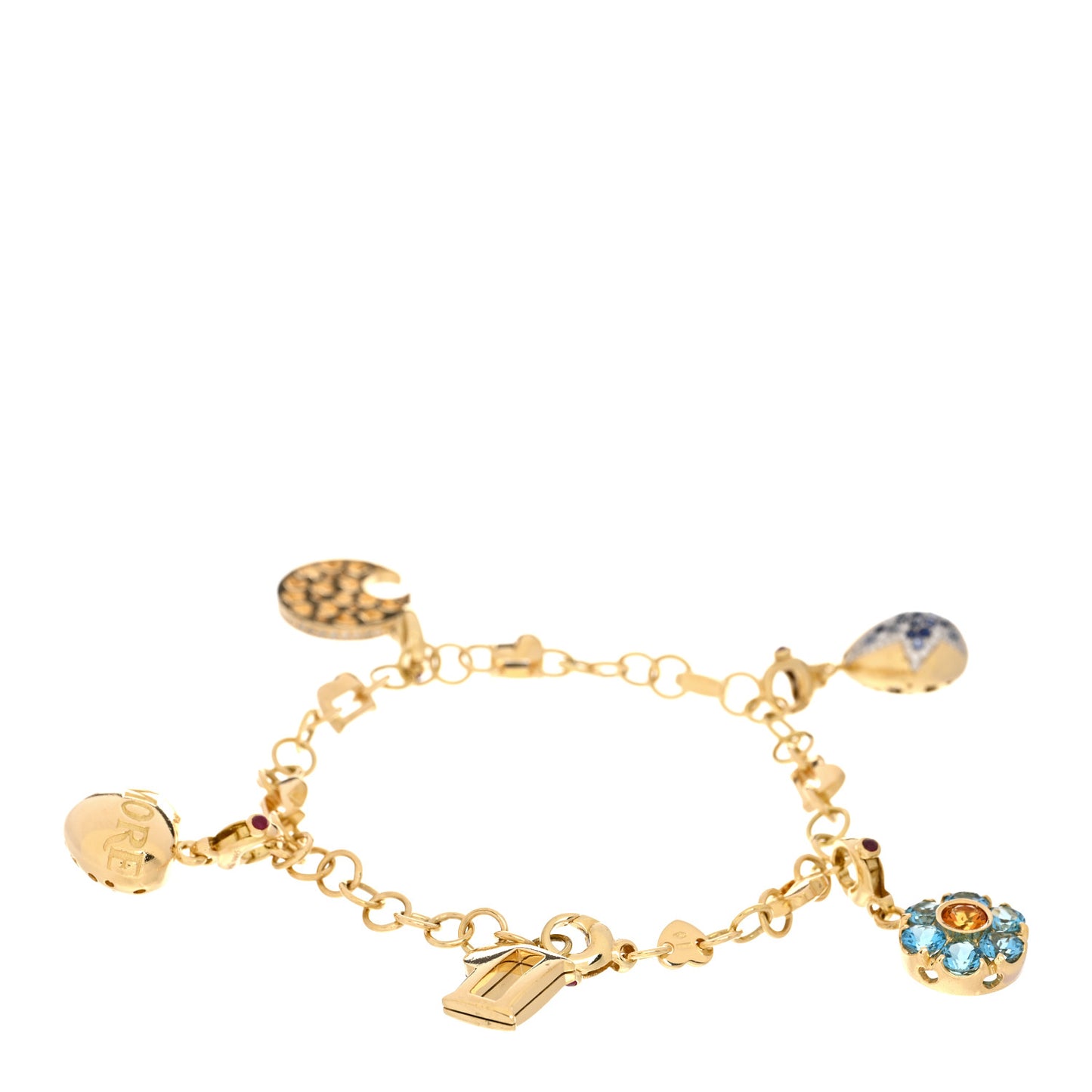 18K Yellow Gold Diamond Blue Sapphire Blue Topaz Citrine Ruby 5 Charm Bracelet
