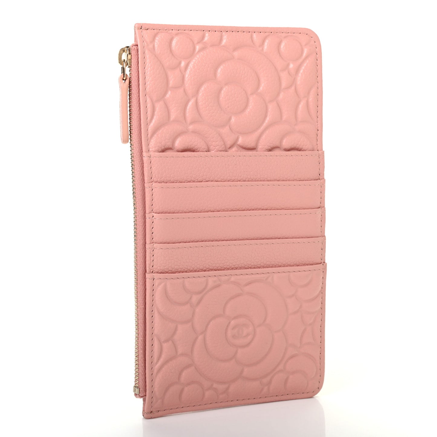 Caviar Camellia Embossed Classic Flat Wallet Pouch Pink