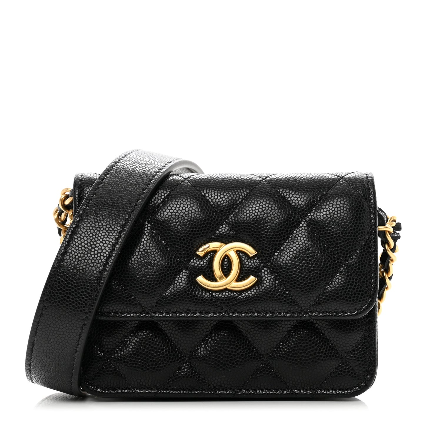 Caviar Quilted Twist Your Buttons Coin Purse With Chain Black