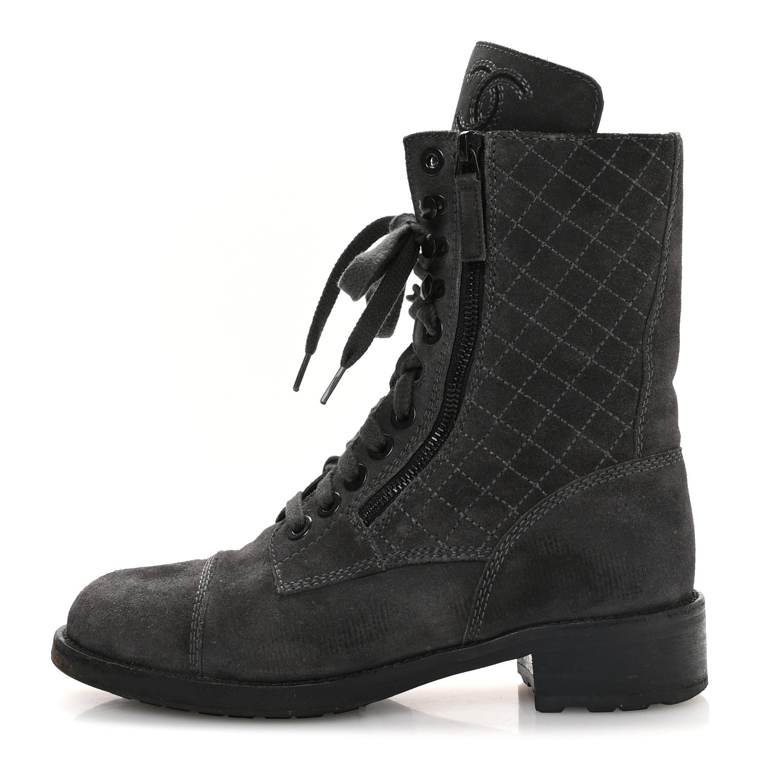 Chanel Suede Quilted CC Tall Lace Up Combat Boots 38 Grey 1812980