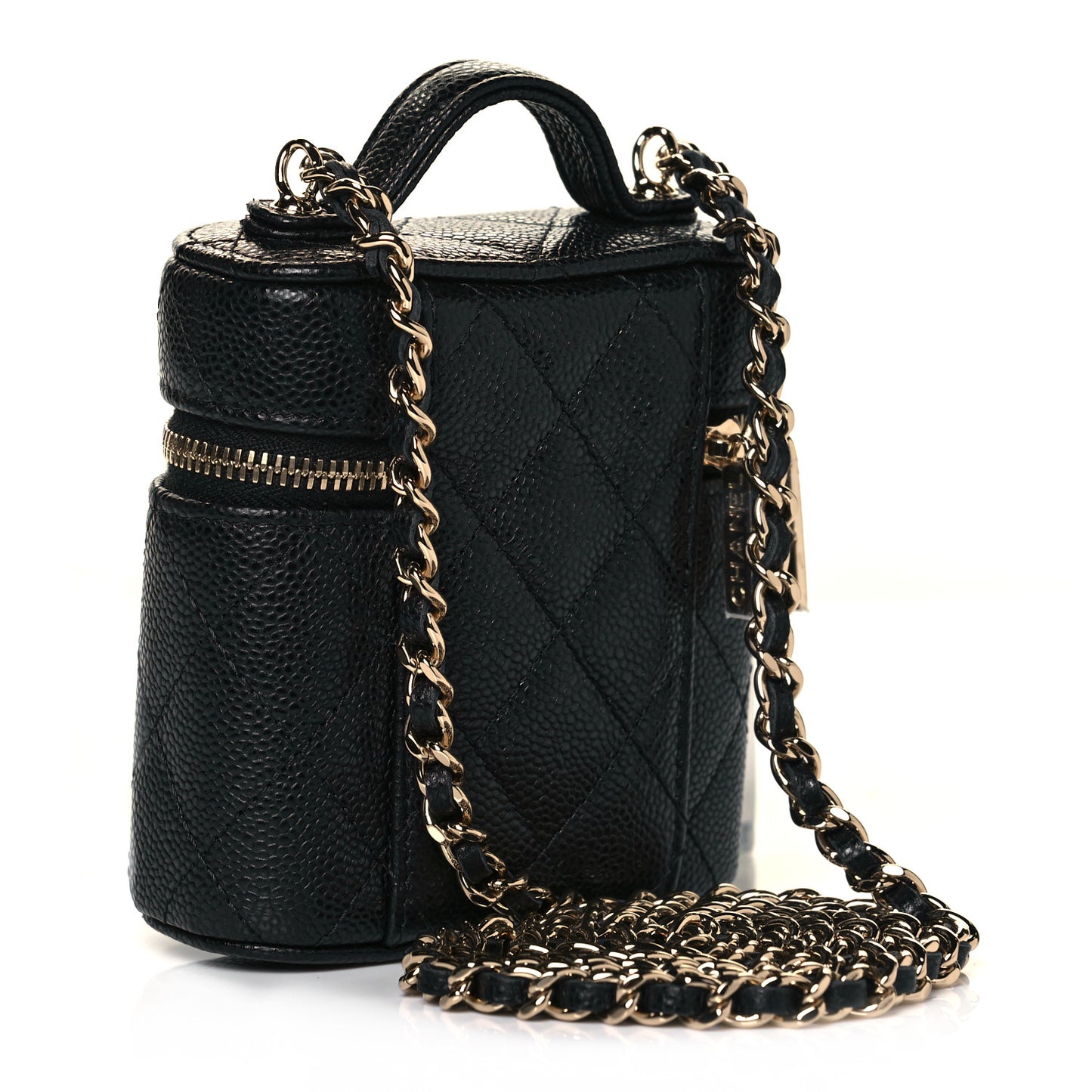 Caviar Quilted Small Handle With Care Vanity Case With Chain Black