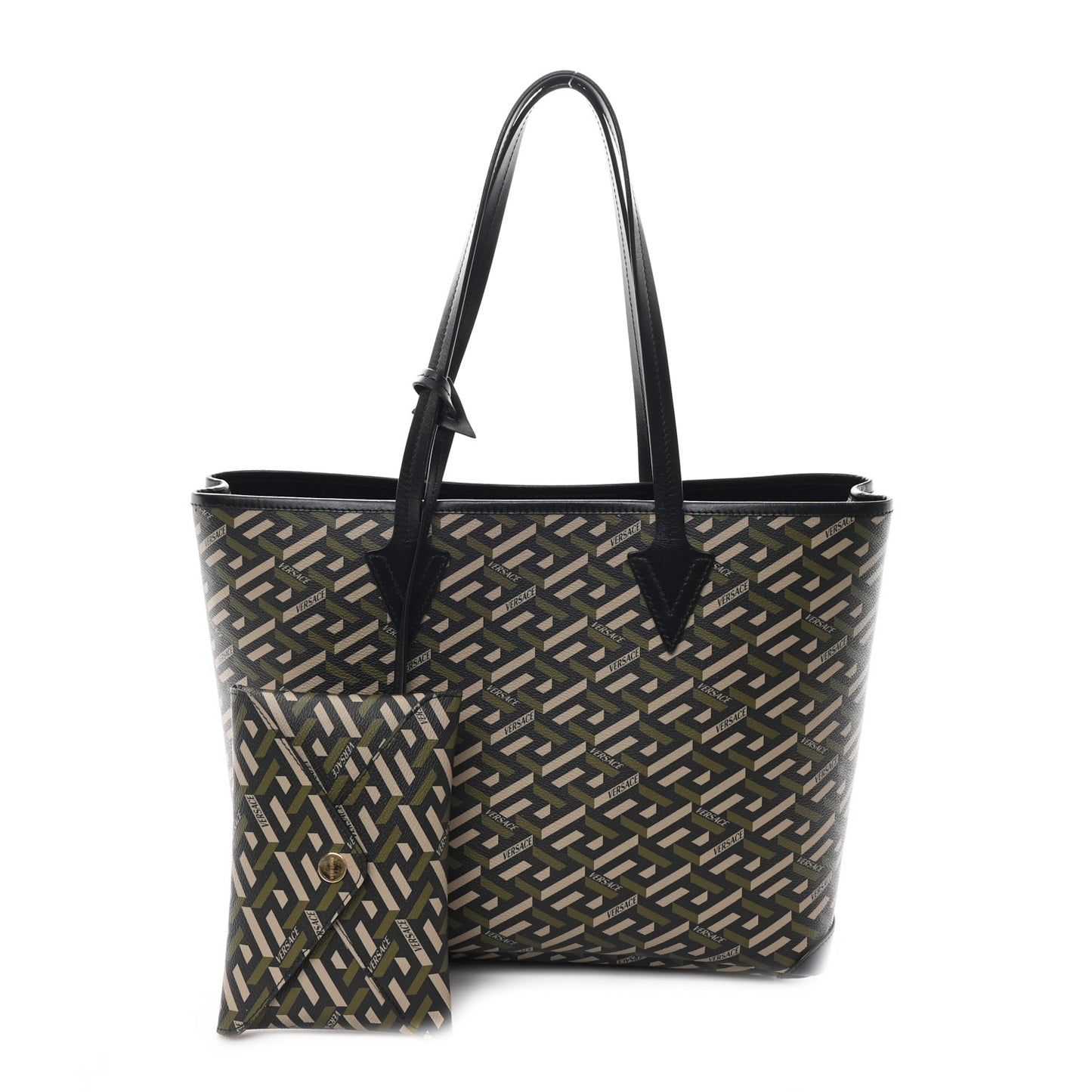 Canvas Calfskin Monogram La Greca Medusa Tote Black Khaki
