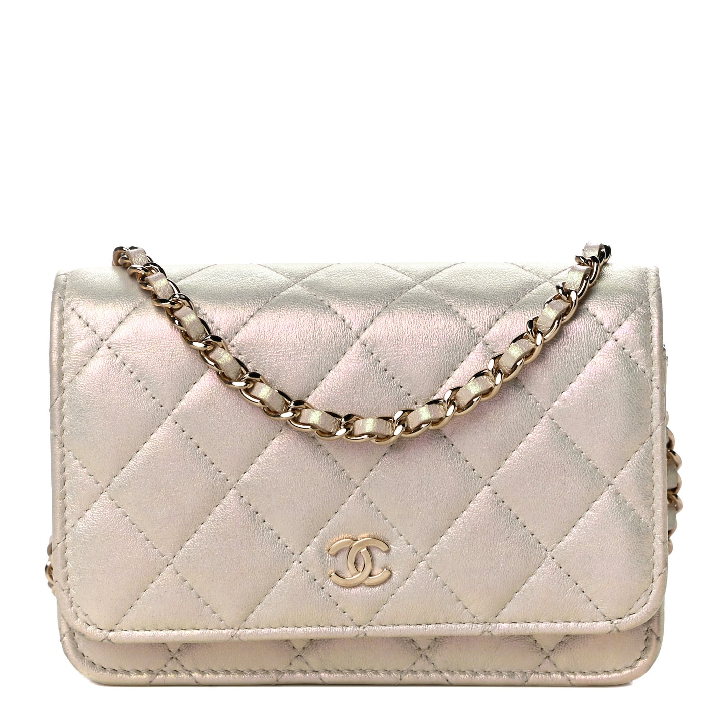 Iridescent Lambskin Quilted Mini Wallet On Chain WOC Ivory