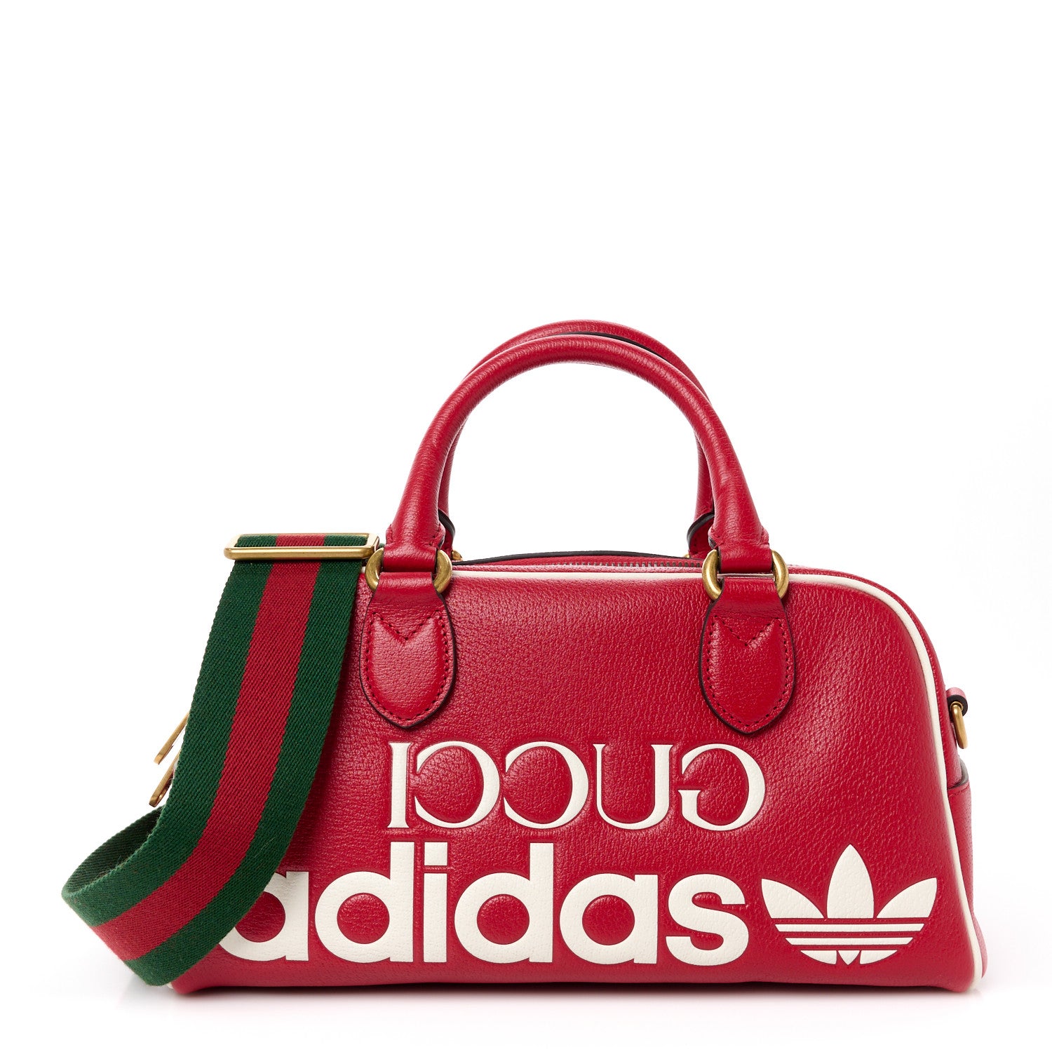 Gucci X ADIDAS Textured Dollar Calfskin Web Trefoil Logo Embossed Mini Bowling Bag Red Off White 1 of 11