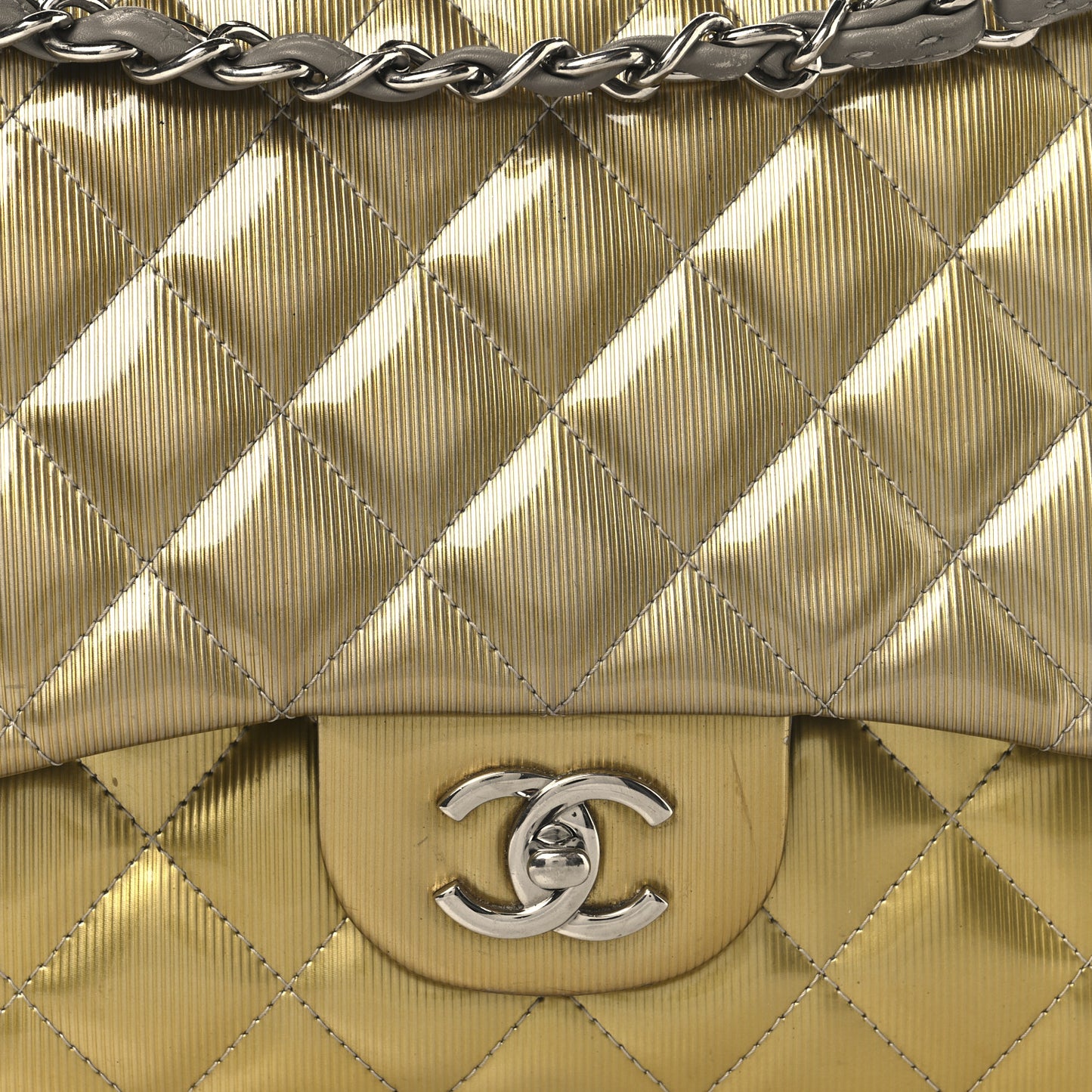 Striated Patent Quilted Jumbo Double Flap Gold