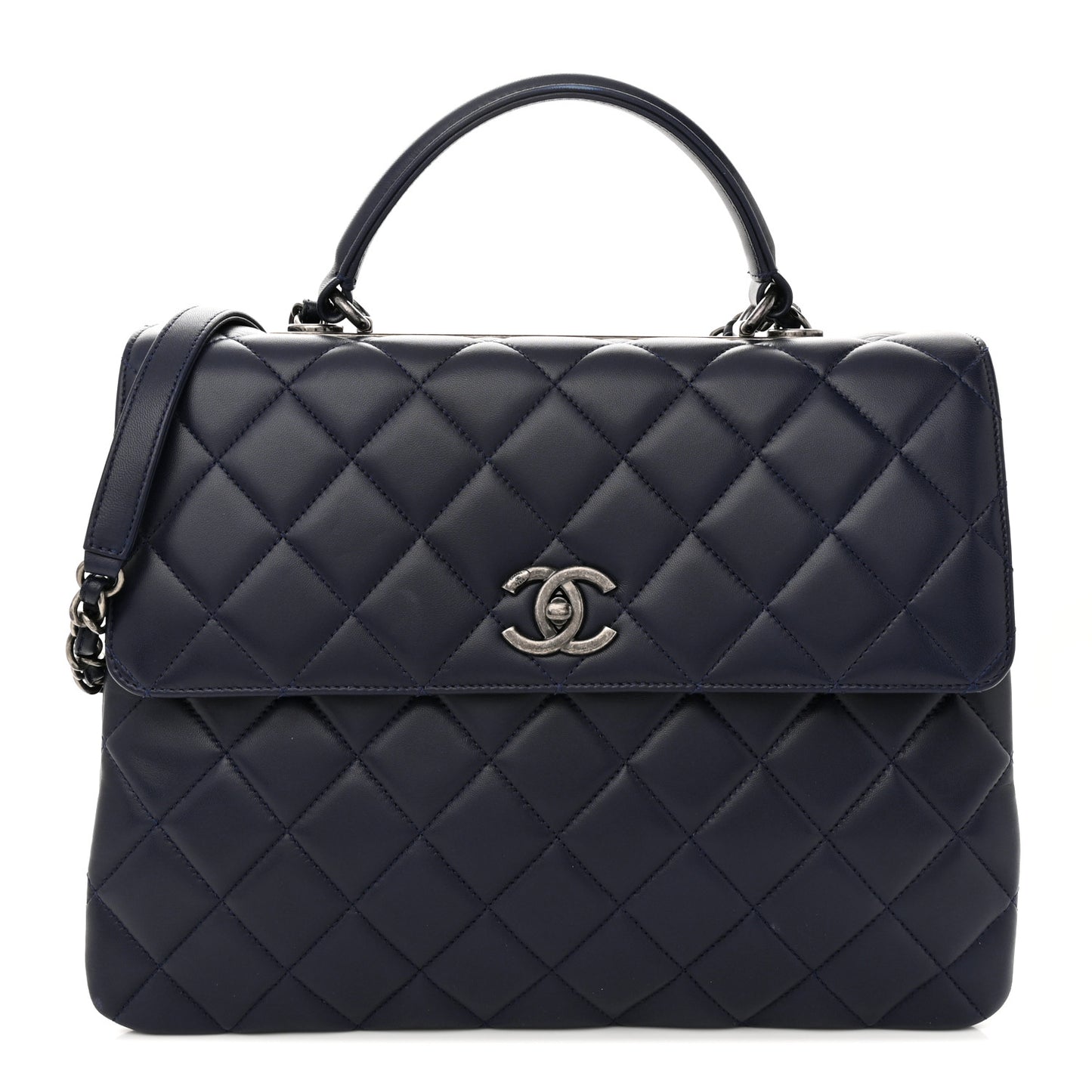 Lambskin Quilted Large Trendy CC Flap Dual Handle Bag Navy Blue