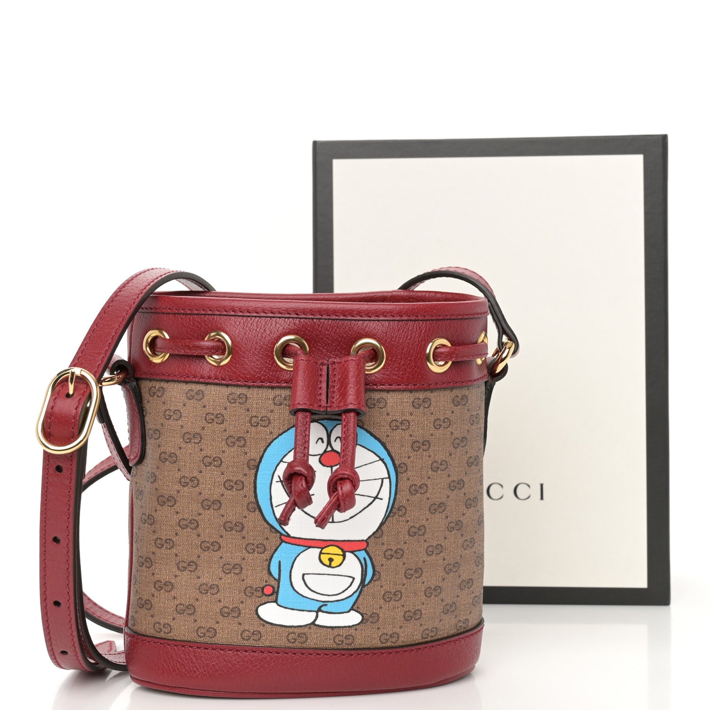 X DORAEMON Mini Vintage GG Supreme Monogram Textured Dollar Calfskin Mini Bucket Bag Beige Ebony Multicolor New Cherry Red