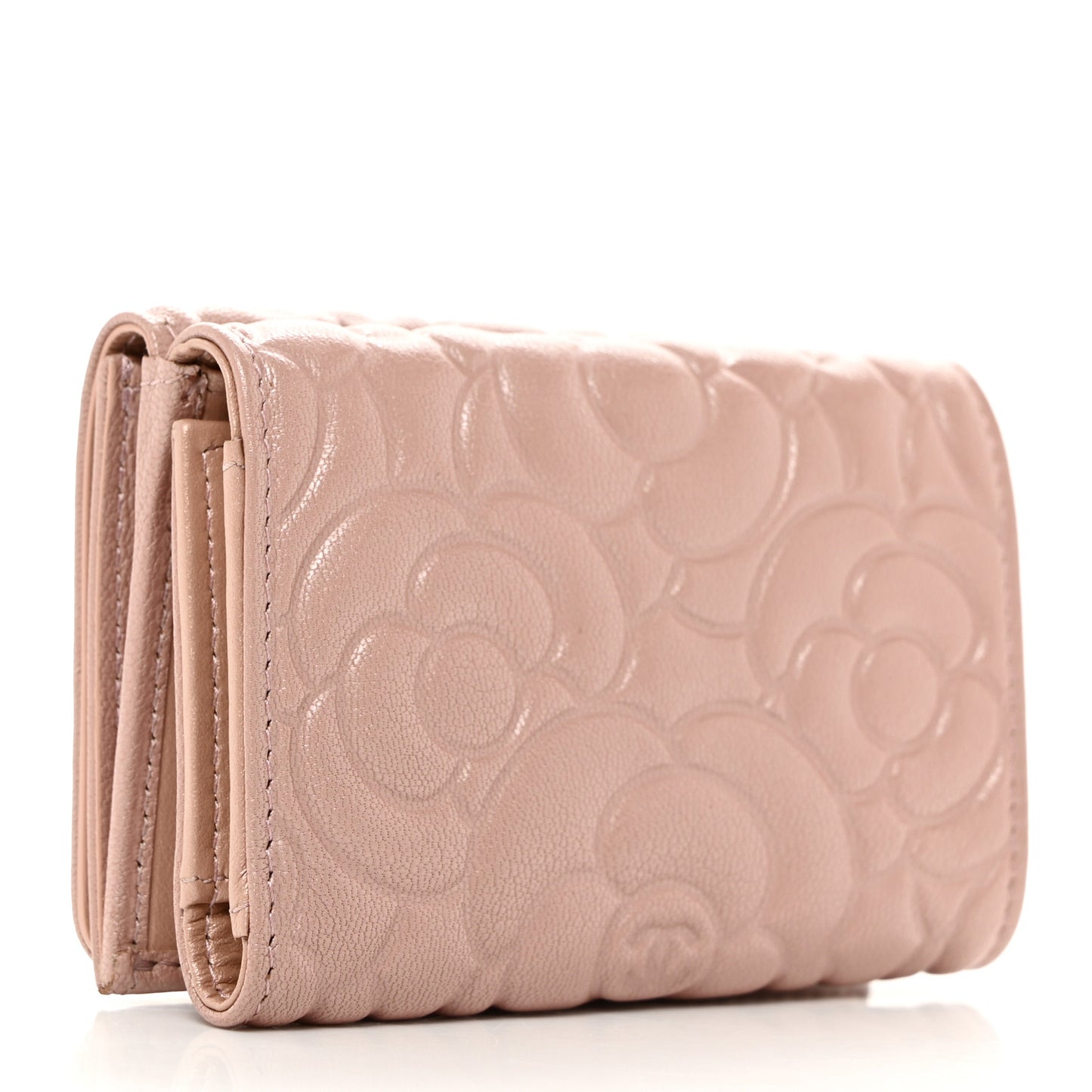 Goatskin Camellia Embossed Compact Wallet Light Pink