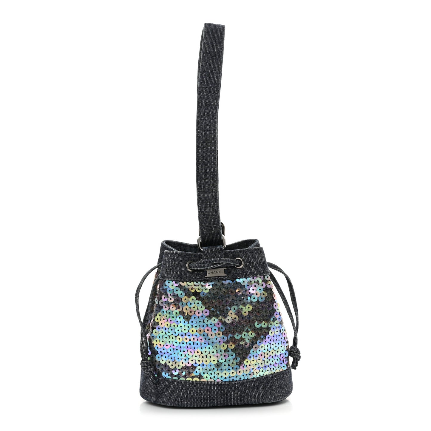 Sequin Denim Small Drawstring Bucket Bag Blue