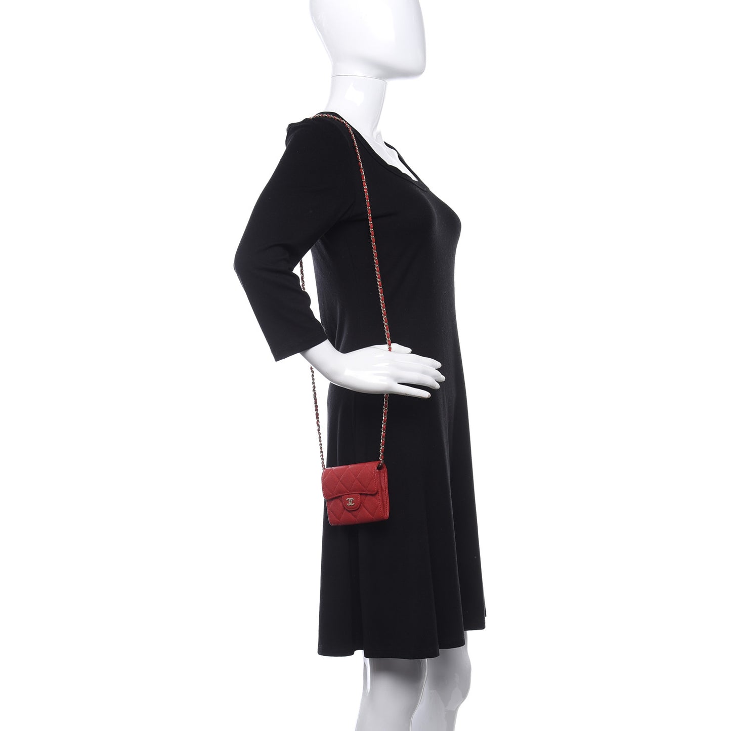 Caviar Quilted Flap Card Holder On Chain Red