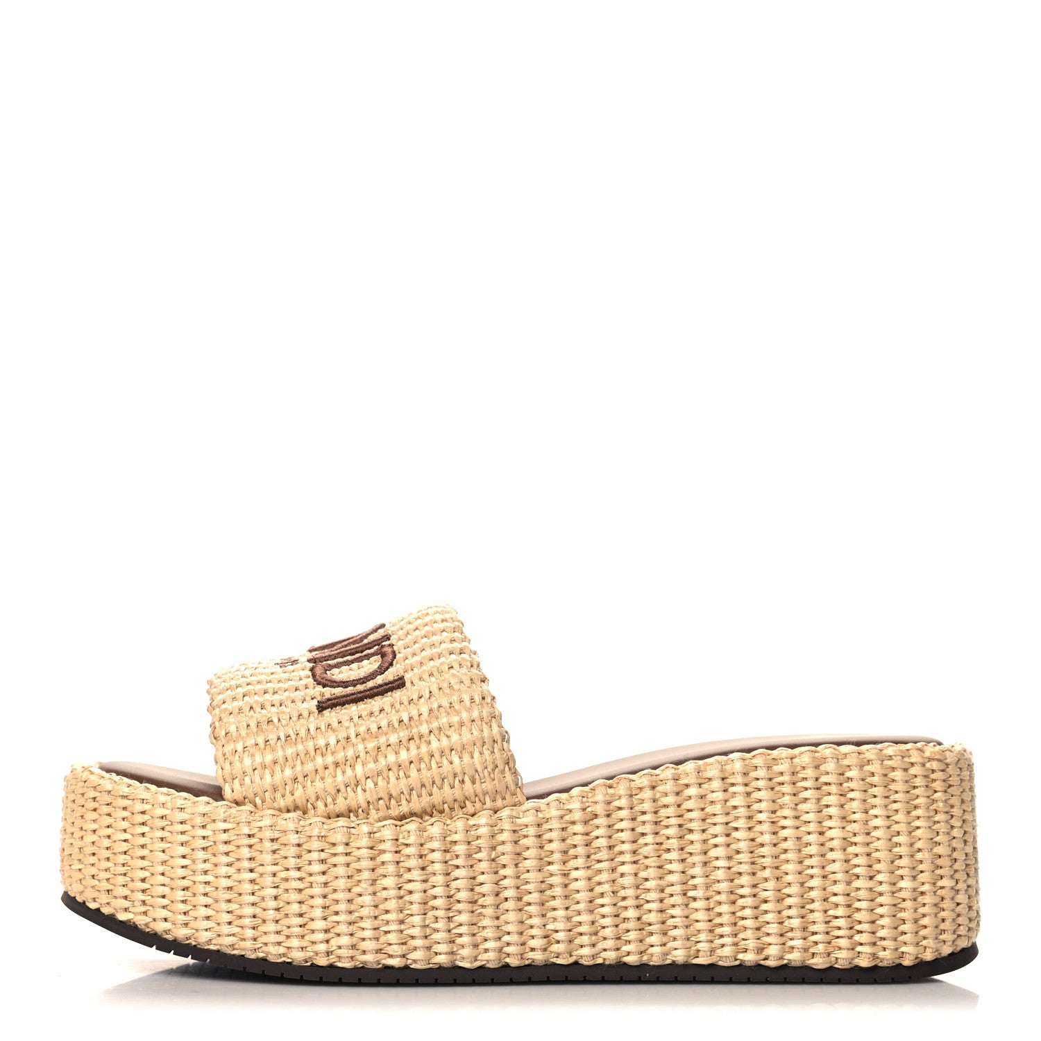 Fendi Raffia Womens FF Sunshine Flatform Slide Sandals 38.5 Beige