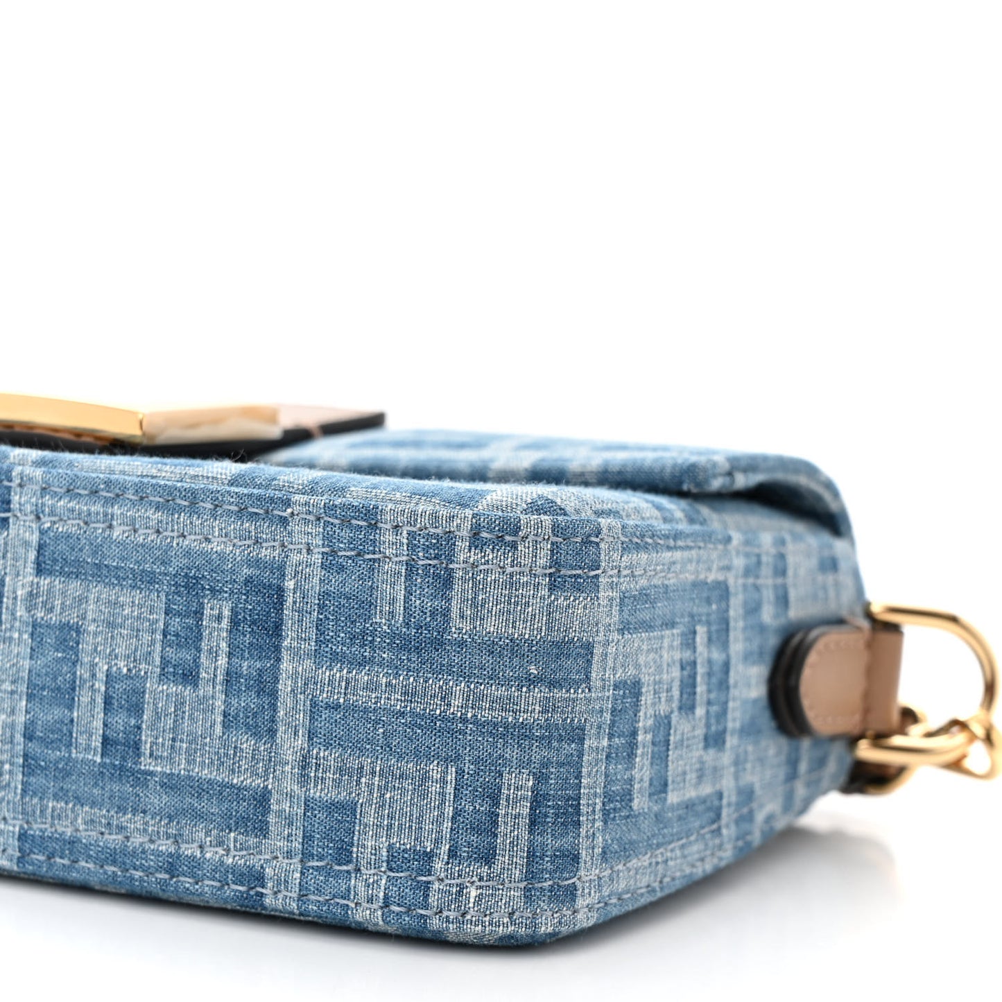 Denim Vitello King F is Fendi FF Embroidered Mini Baguette Denim Sand