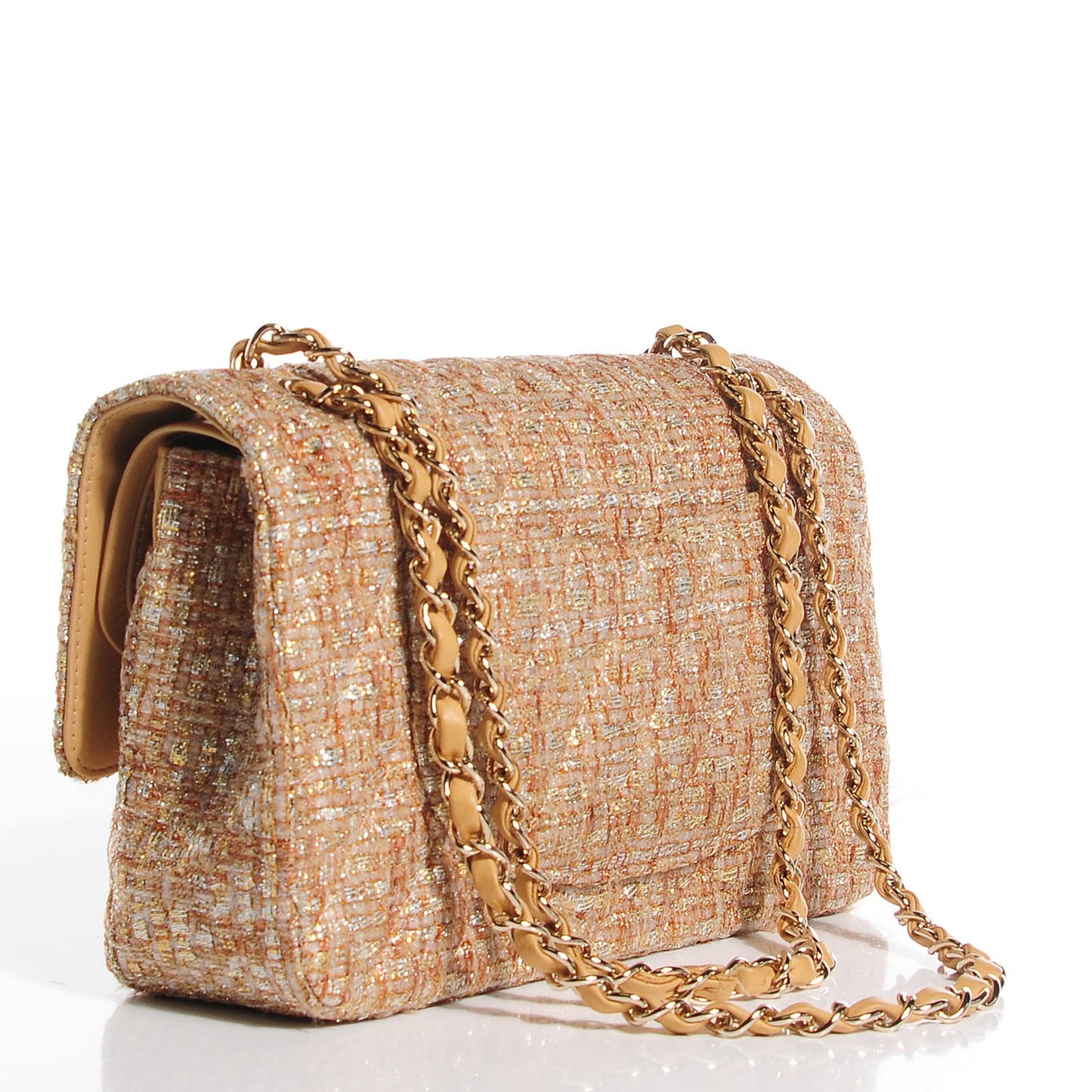 Tweed Quilted Medium Double Flap Brown Gold