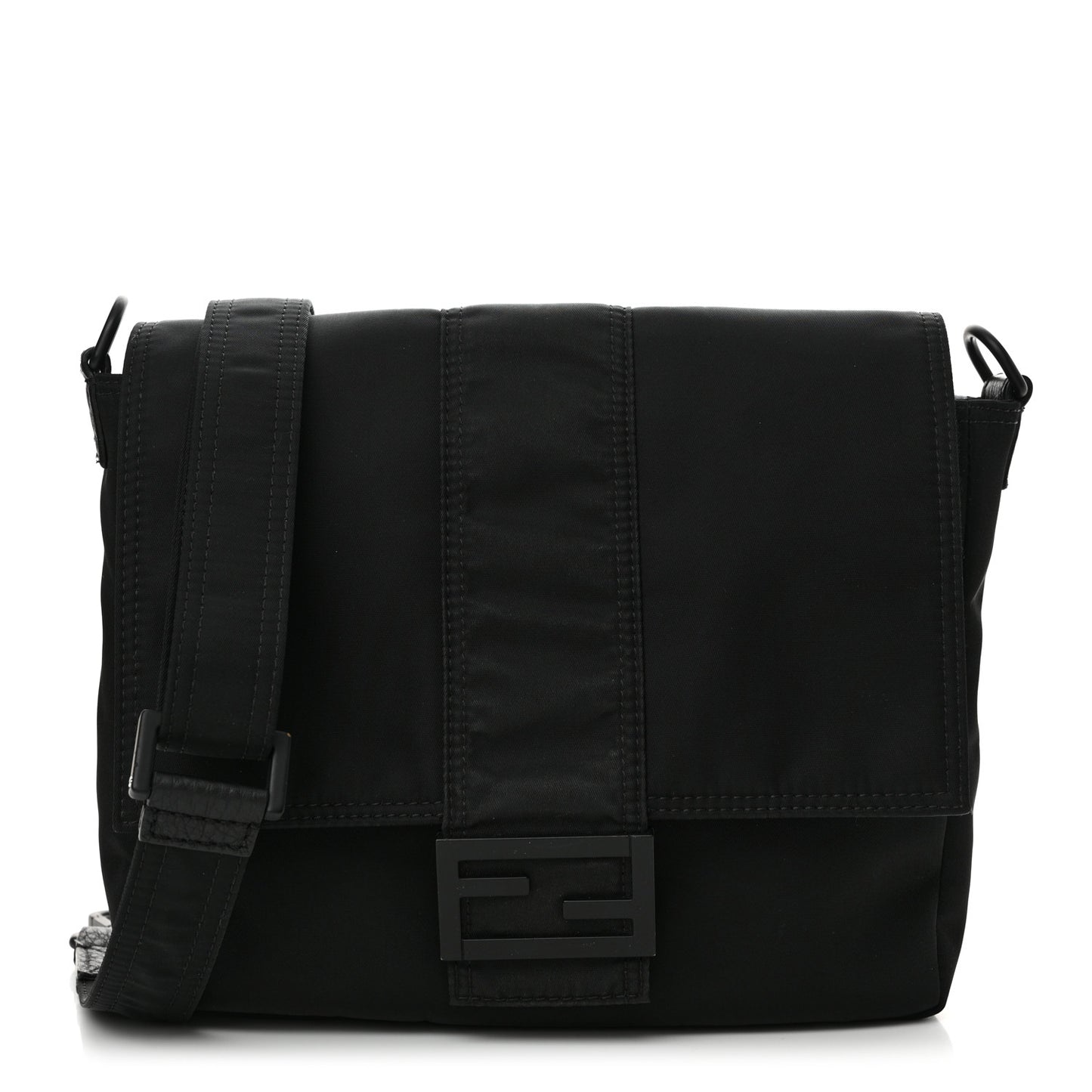 Econyl Nylon Cuoio Romano Monochrome Medium Baguette Messenger Bag Black