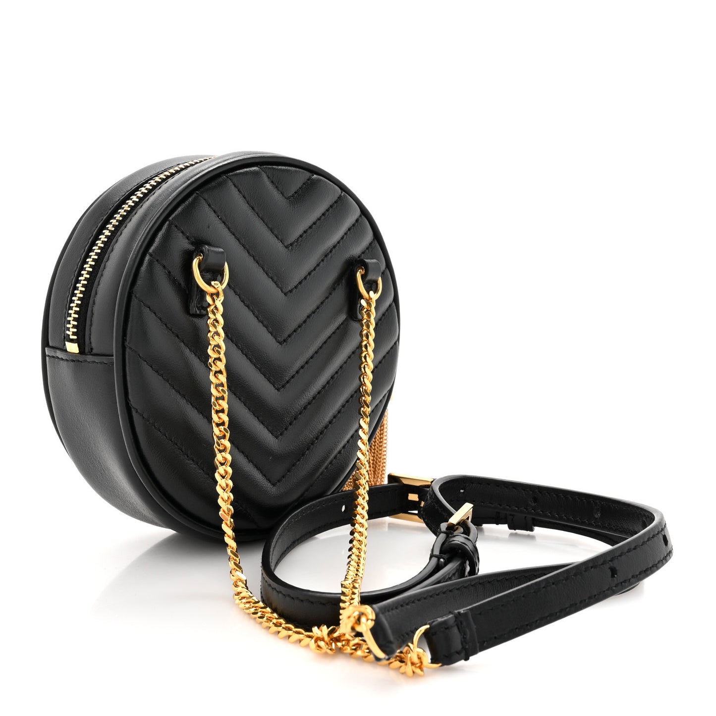 Calfskin Matelasse Chevron Quilted Baby Round Vinyle Belt Bag Black