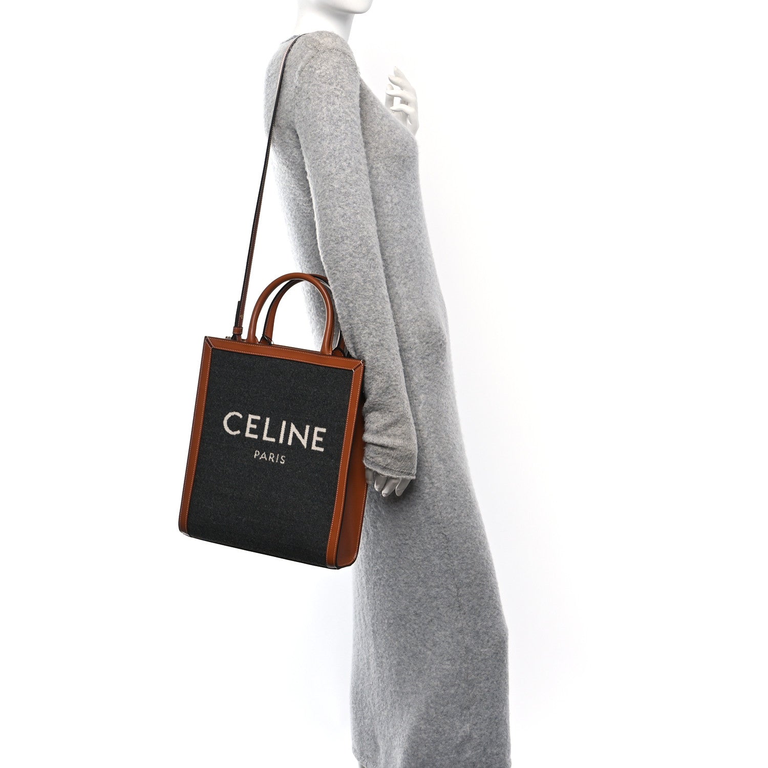 Celine Calfskin Felt Logo Print Small Vertical Cabas Grey Tan 2 of 11