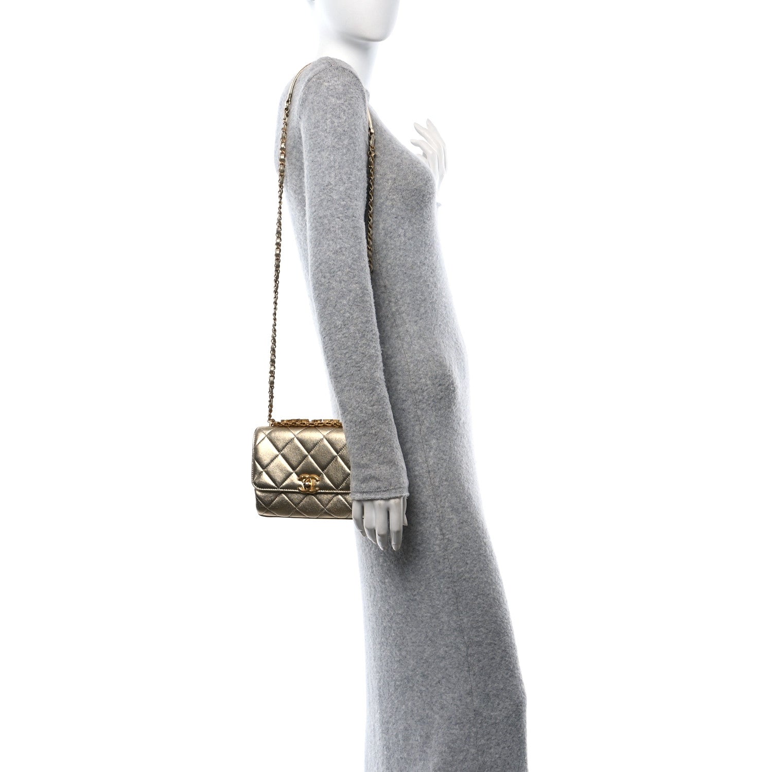 Chanel Metallic Lambskin Quilted Mini CC Crystal Logo Chain Flap Gold 3 of 11