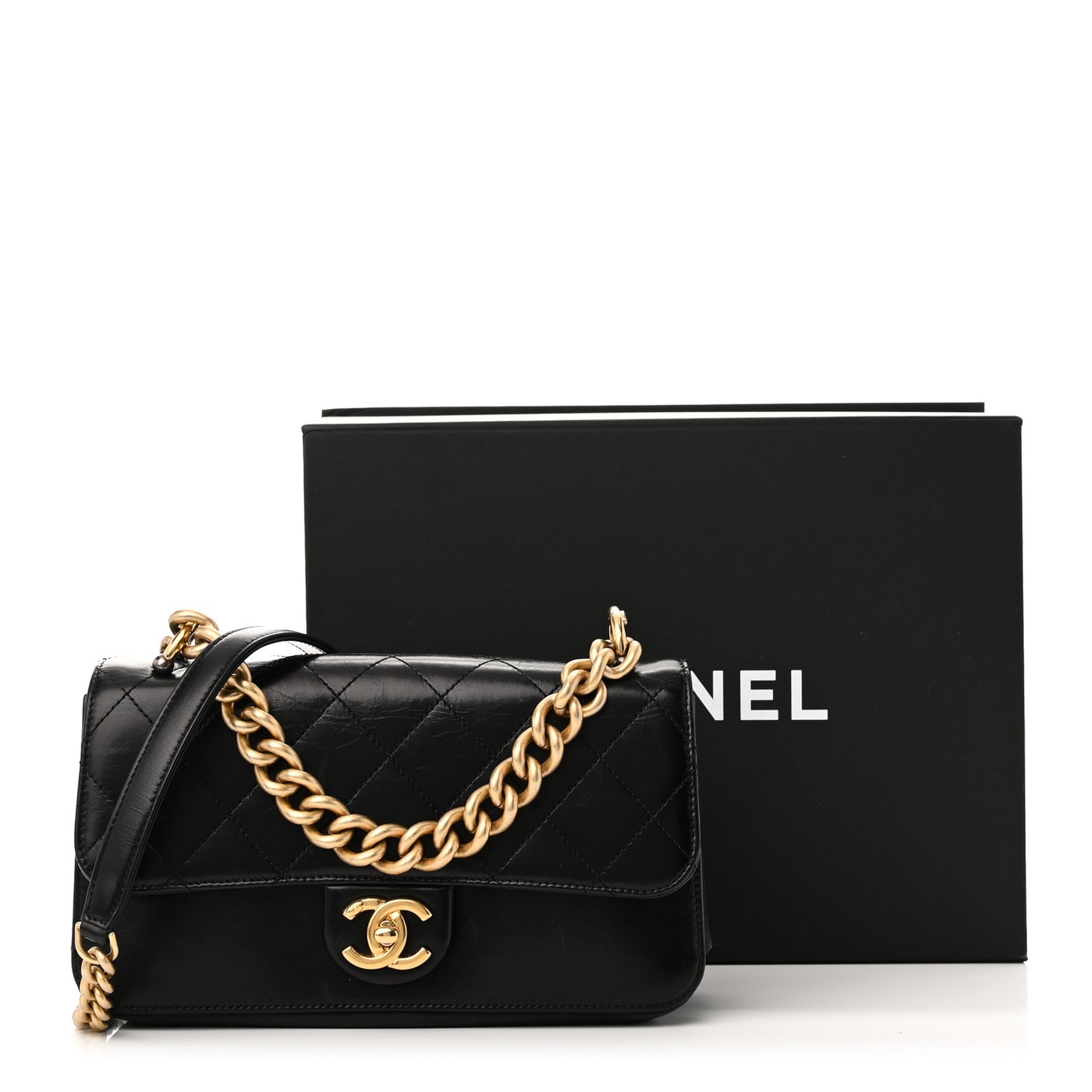 Iridescent Calfskin Quilted Small Straight Lined Flap Black