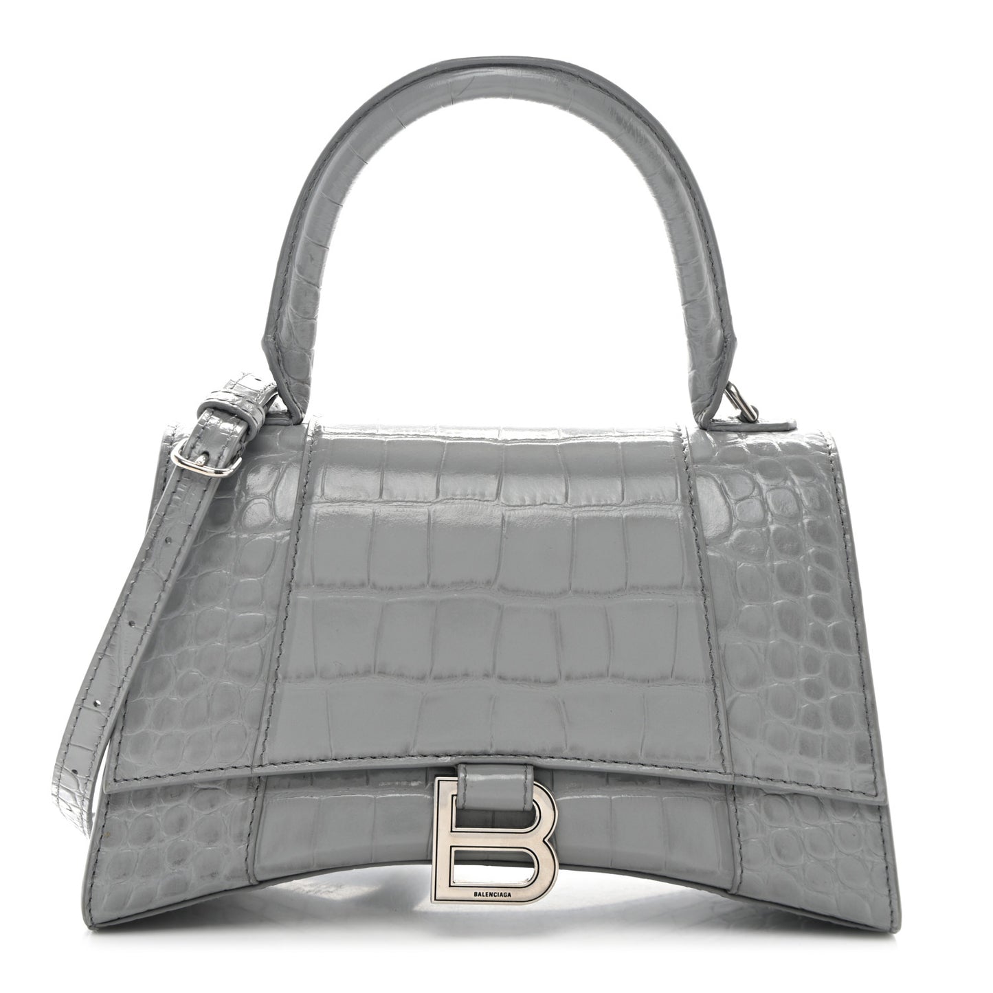 Shiny Calfskin Crocodile Embossed Small Hourglass Top Handle Bag Balenciaga Grey