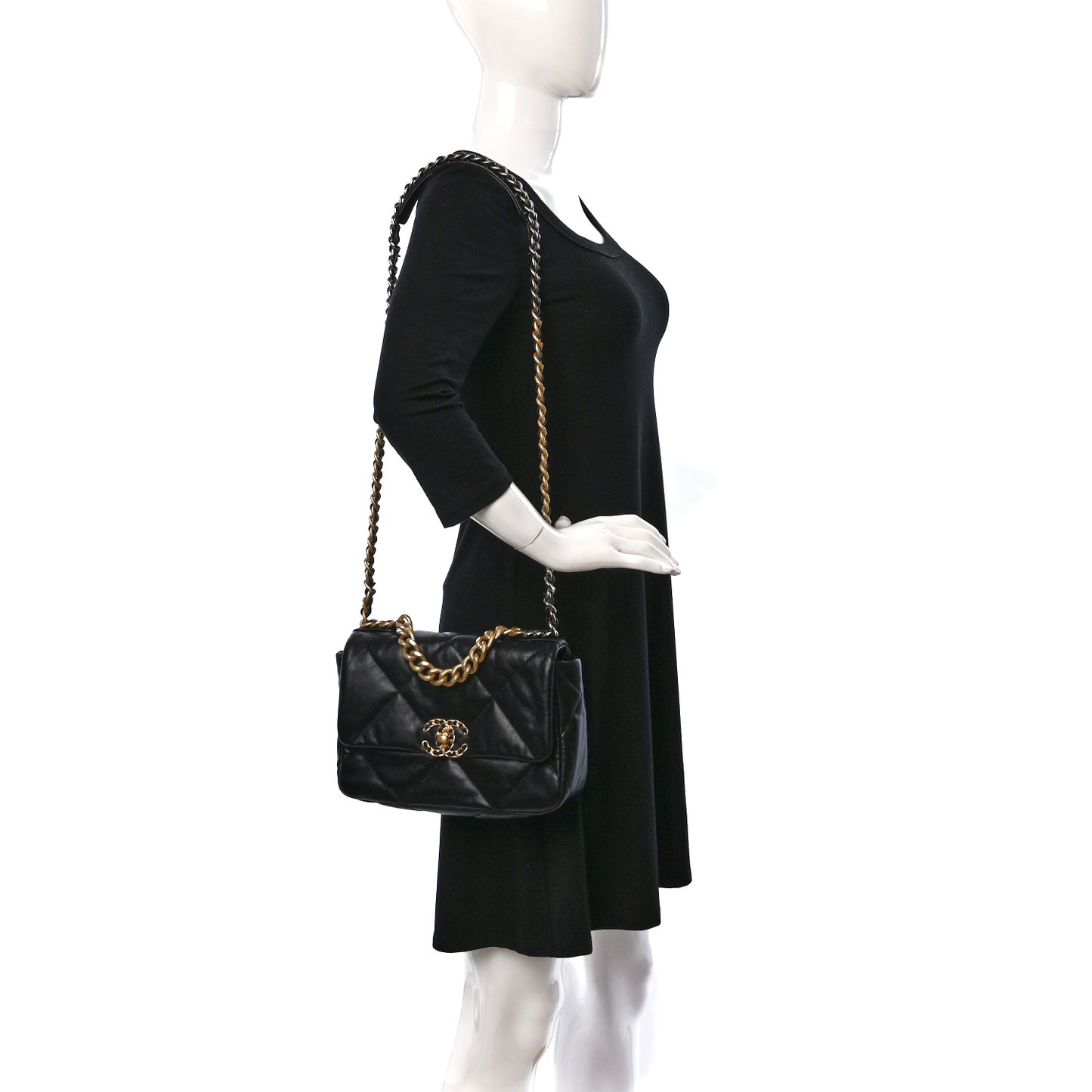 Shiny Goatskin Quilted Medium Chanel 19 Flap Black