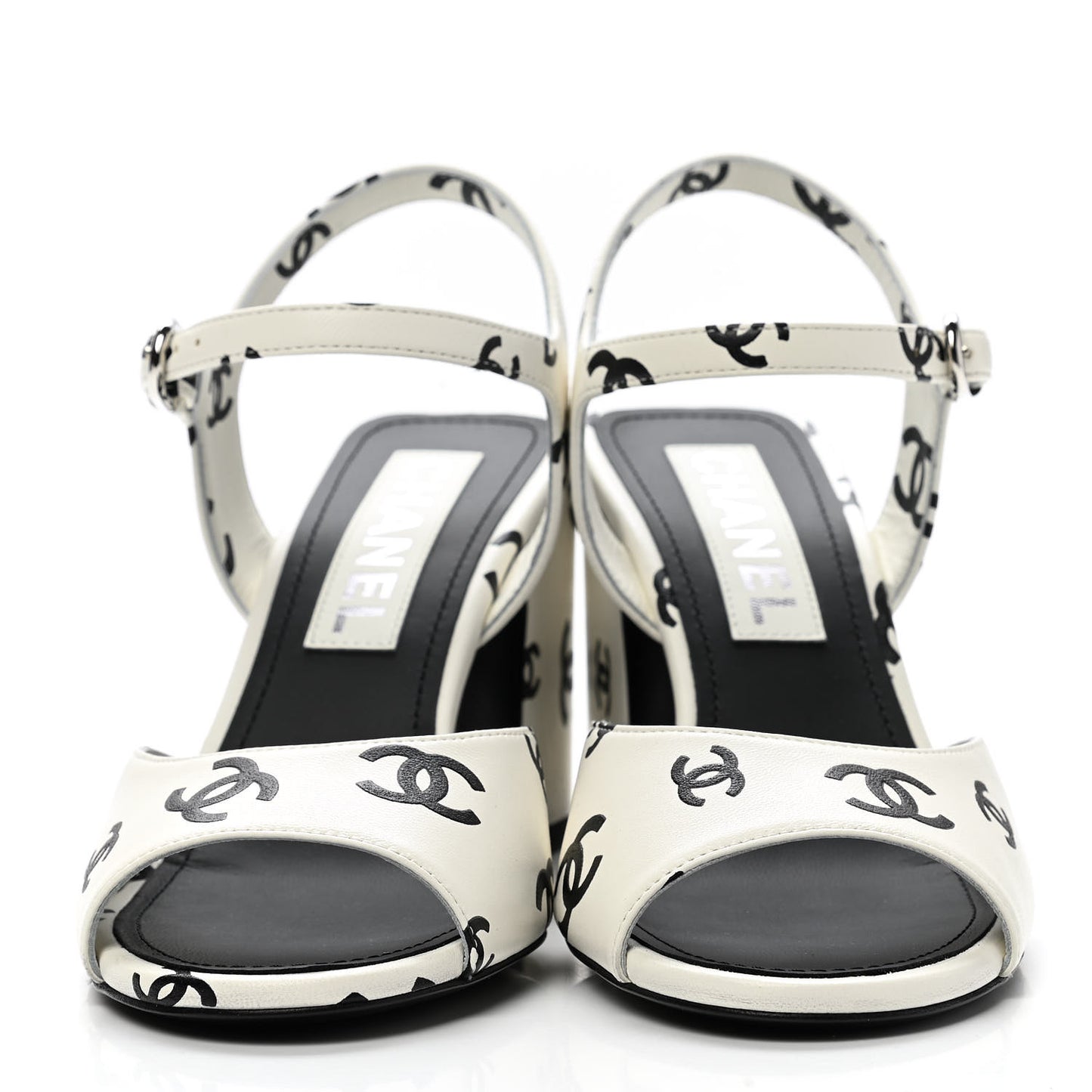 Printed Lambskin CC Sandals 36 White Black