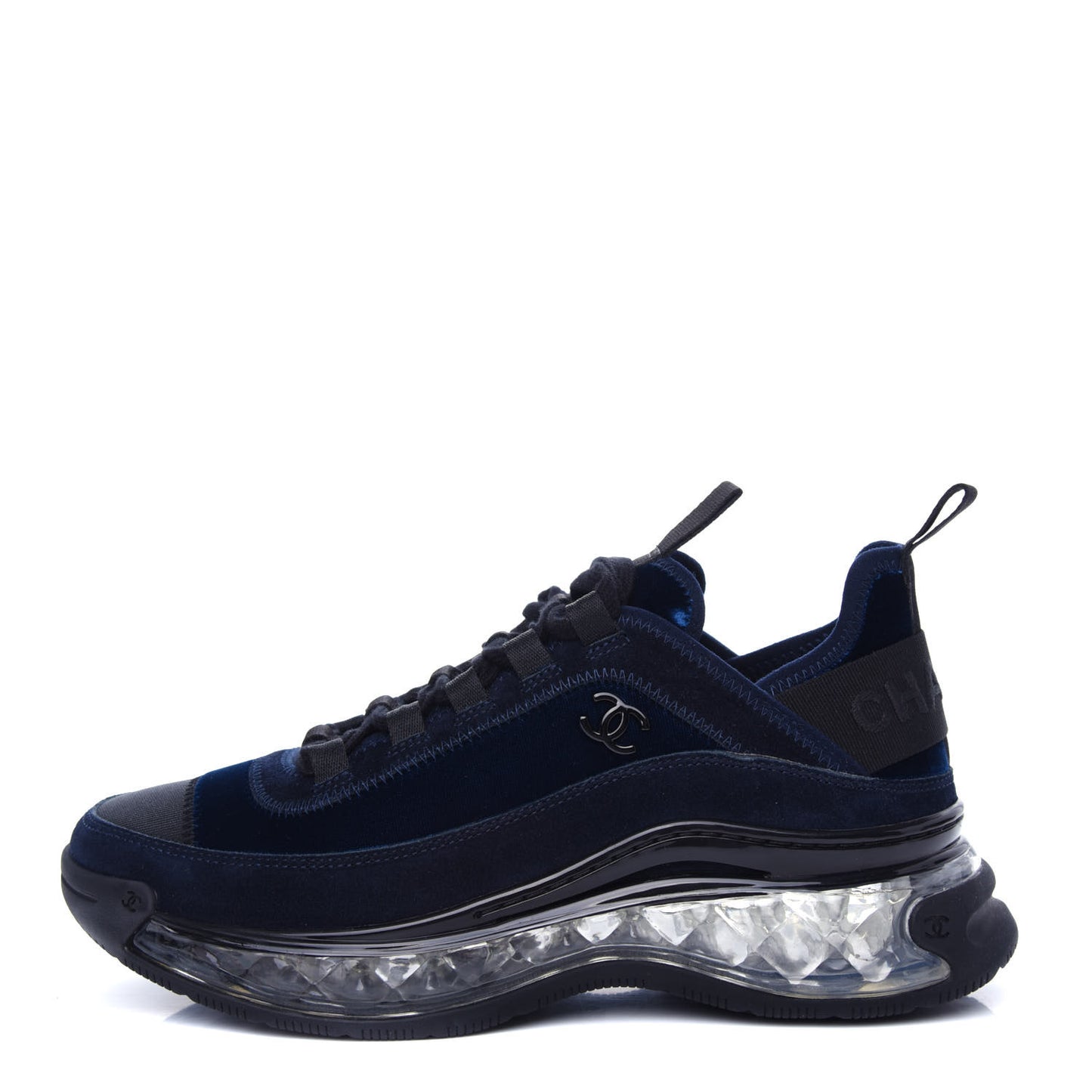 Suede Calfskin Velvet Grosgrain CC Sneakers 36.5 Navy Blue Black