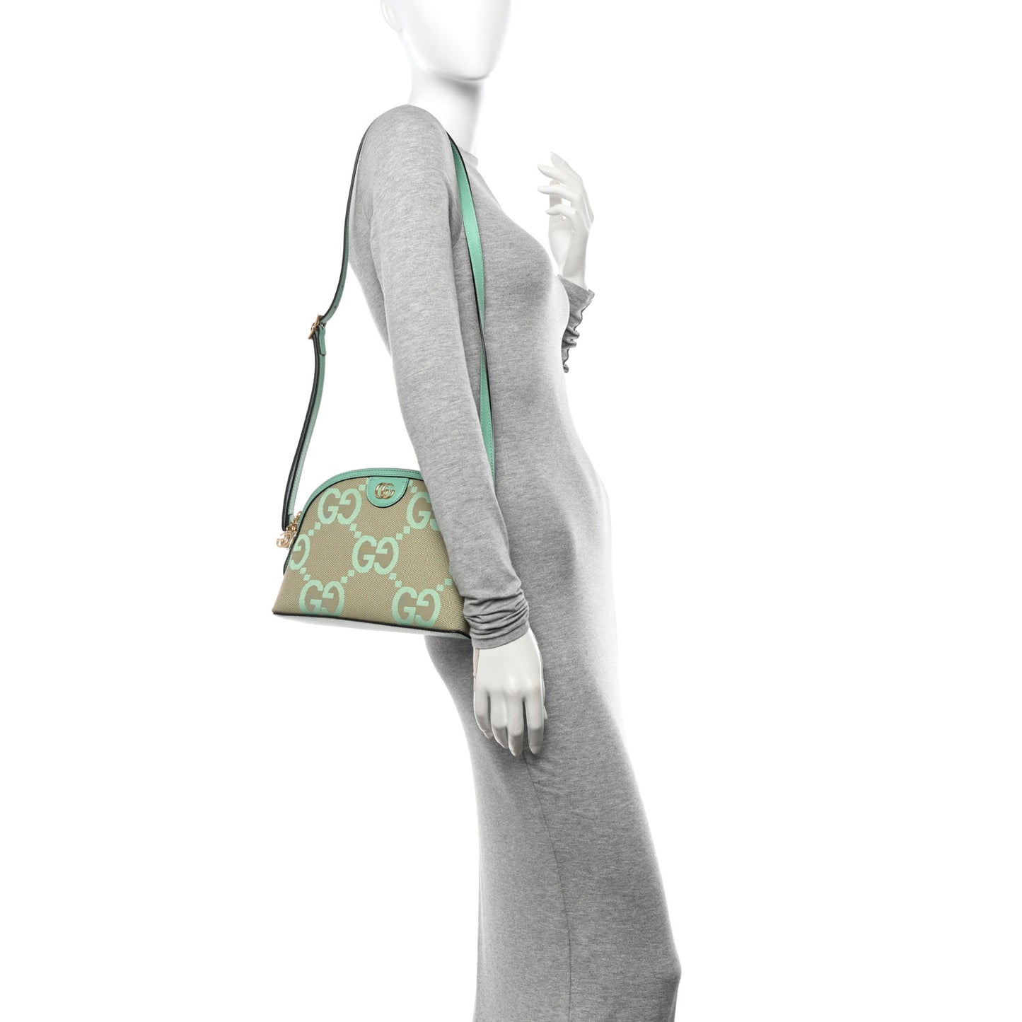 Monogram Jumbo GG Textured Dollar Calfskin Small Ophidia Dome Shoulder Bag Beige Pepperlight Mint