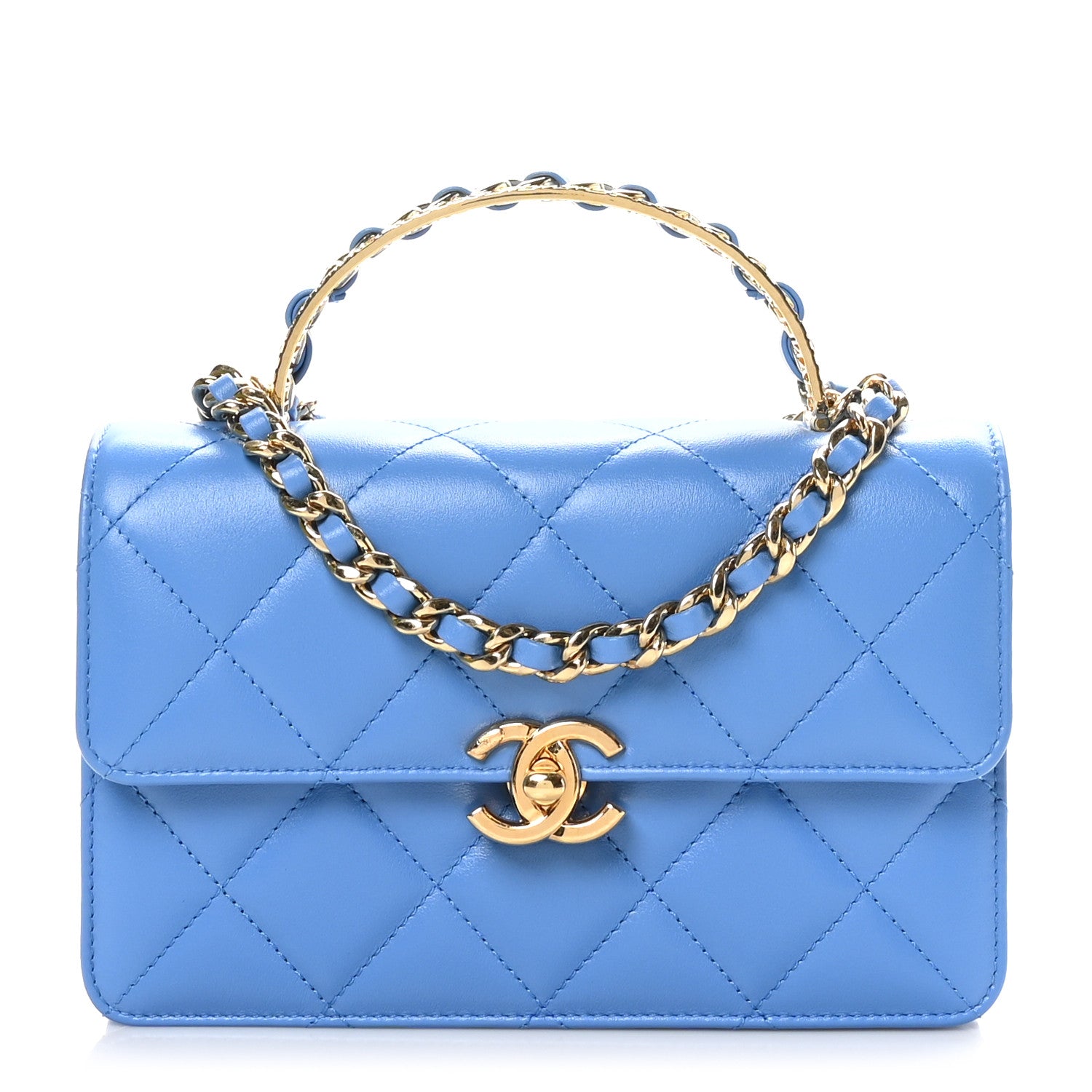 Chanel Lambskin Quilted Chain Logo Top Handle Flap Blue 1 of 12