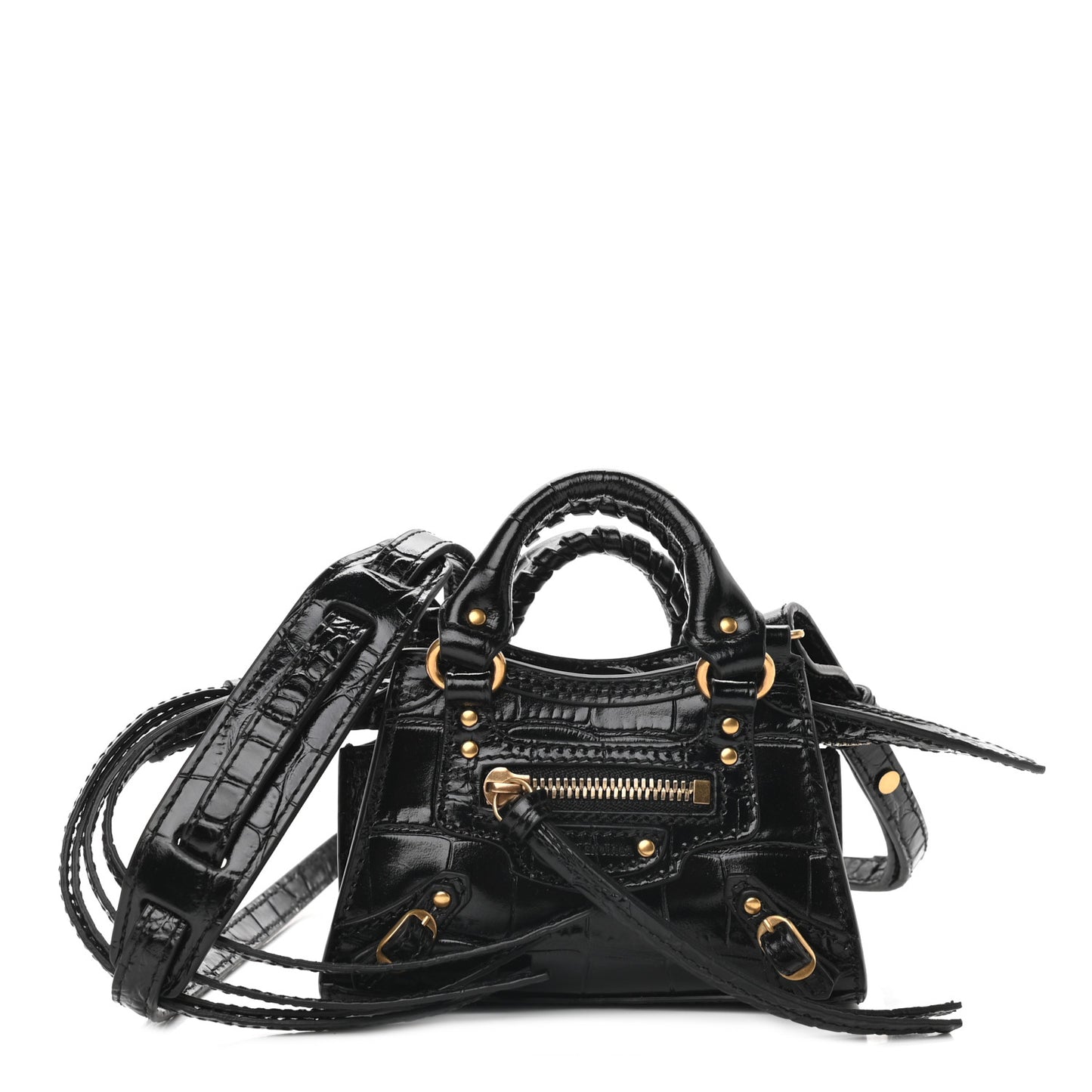Shiny Supple Calfskin Crocodile Embossed Neo Classic Gold Hardware Super Nano City Crossbody Black