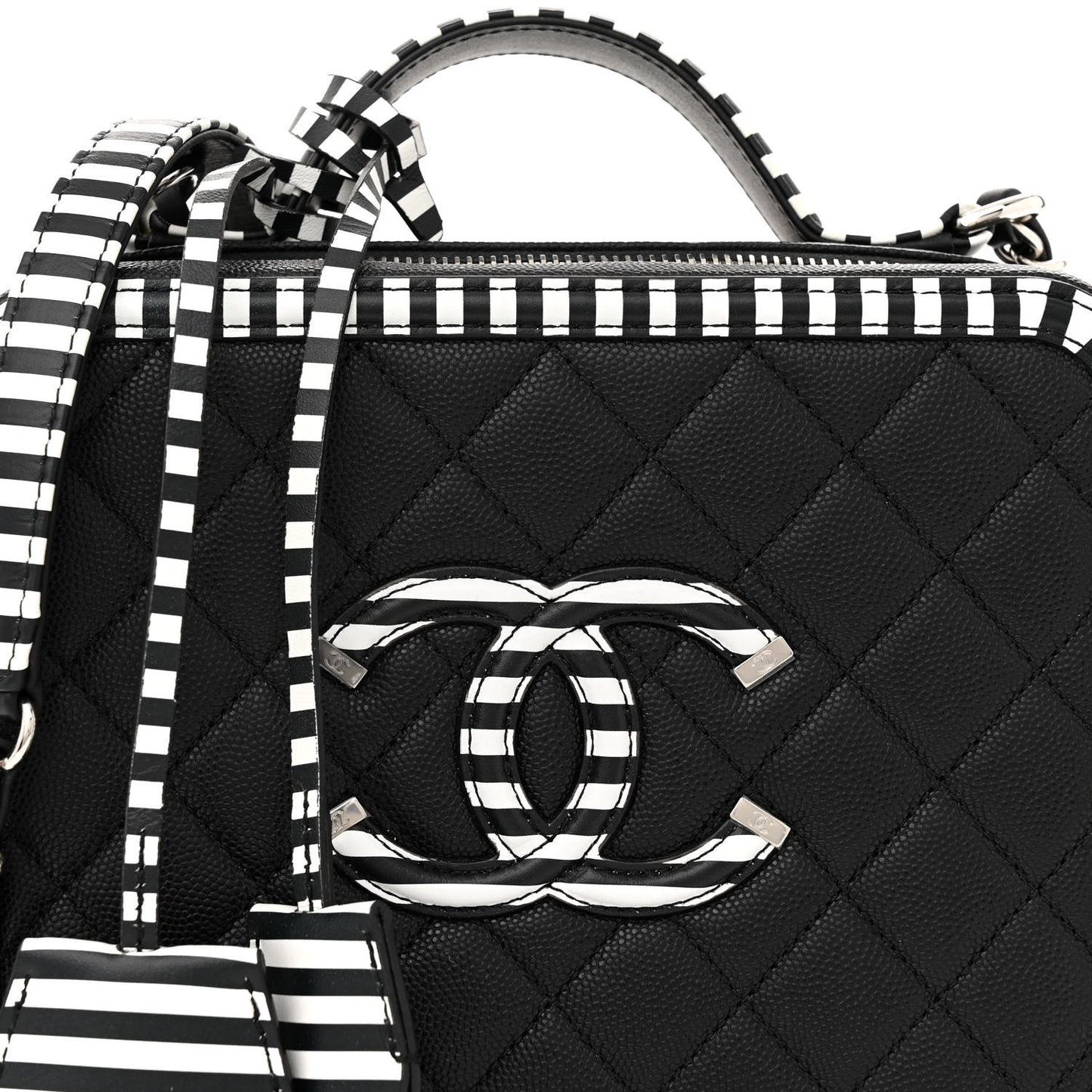 Caviar Quilted Striped Medium CC Filigree Vanity Case Black White