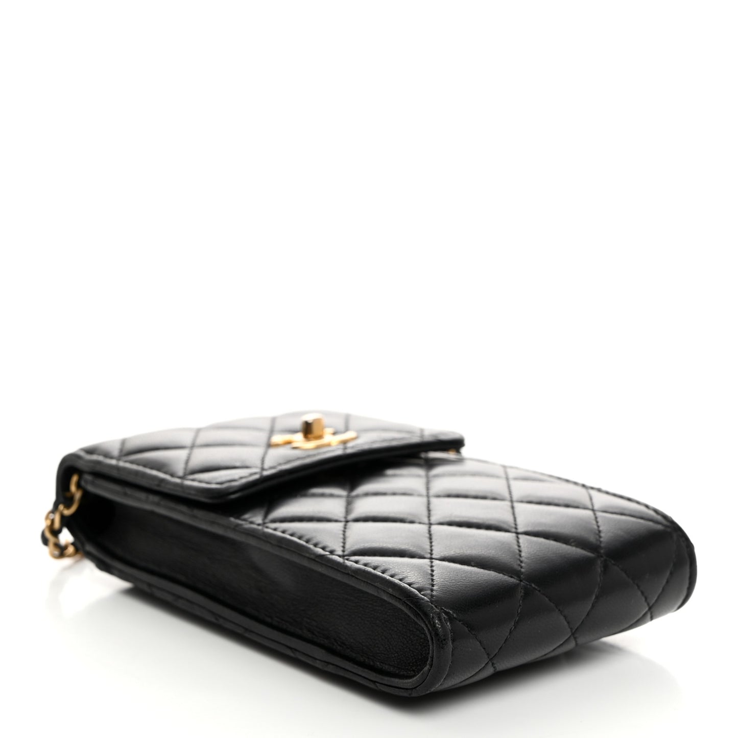 Lambskin Quilted Pearl Crush Phone Holder With Chain Black