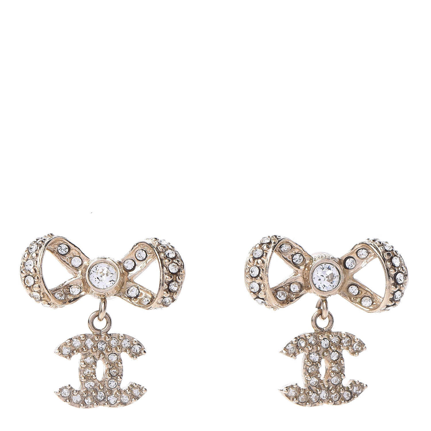 Chanel Crystal CC Bow Drop Earrings Gold 1 of 4