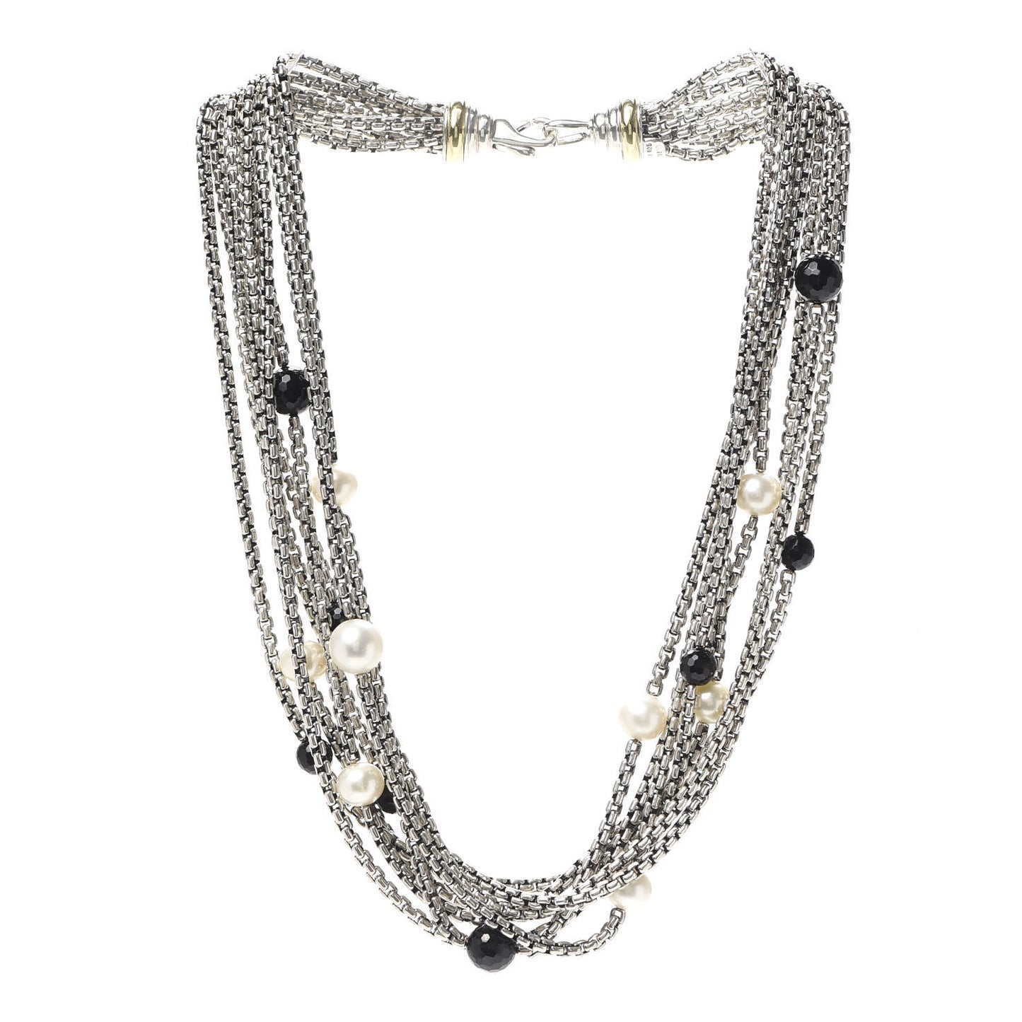 Sterling Silver 18K Yellow Gold Pearl Black Onyx Multi Strand Necklace